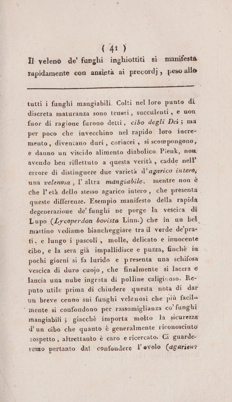 Îl veleno de' funghi inghiottiti si manifestà tapidamente con ansietà ai precordj , pesoallo i : i, &lt; tutti i fanglii mangiabili. Colti nel loro punto di discreta maturanza sono teneri; succulenti, e non fuor di ragione furono detti, cibo degli Dei; ma per poco che invecchino nel rapido loro incre- mento, diventano duri, coriacel , si scompongono; e danno un viscido aliniento diabolico. Pienk, non avendo ben riflettuto a questa verità, cadde nelP errore di distinguere due varietà d’agarico intero; una velenosa, l altra mangiabile, mentre non è che l'età dello stesso agarico iritero , che presenta 1 queste differenze. Esempio manifesto della rapida degenerazione de’ funghi ne porge la vescica di Lupo (Lycoperdon bovista Linn.) che in un bel mattino vediamo biancheggiare tra il verde de’ pras - ti. e lungo i pascoli, molle, delicato e innocente tibo, e la sera già impallidisce e puzza, finchè în pochi giorni si fa lurido e presenta una schifosa vescica di duro cuojo, che finalmente si lacera € lancia una nube ingrata di polline caligiuoso. Re- pato utile prima di chiudere questa nota di dar un breve cenno sui funghi velénosi che più facila ‘ mente si confondono per rassomiglianza co’ funghi mangiabili ; giacchè importa molto la sicurezza d’un cibo che quanto è generalmente riconosciuto sospetto , altrettanto è caro e ricercato. Ci guarde- remo pertanto dal confondere l’evolo (agaries