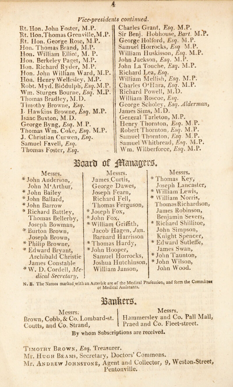 Vice-presidents continued. lit. Hon. John Foster, M.P. Tit. Hon.Thomas Grenville,M.P. JRt. lion. George Hose, M.P. Hon. Thomas Brand, M.P. Hon. William Elliot, M. P. Hon. Berkeley Paget, M.P. Hon. Richard Ryder, M.P. Hon. John William Ward, M.P. Hon. Henry Wellesley, M.P. Robt. Myd. Biddulpb, Esq. M.P. Wm. Sturges Bourne, Esq. M.P. Thomas Bradley, M.D. T imothy Browne, Esq. J Hawkins Browne, Esq. M.P. Isaac Buxton, M.D. George Byng, Esq. M.P. Thomas Wm. Coke, Esq. M.P. J. Christian Curwen, Esq. Samuel Favell, Esq. Thomas Foster, Esq. Charles Grant, Esq. M.P. Sir Benj. Hobhouse, Bart. M.'P. George Ho!ford, Esq. M.P. Samuel Horrocks, Esq M.P. William Huskisson, Esq. M.P. John Jackson, Esq. M.P. John La Touche, Esq. M.P. Richard Lea, Esq. William Mellish, Esq. M.P. Charles OTIara, Esq. M.P. Richard Powell, M.D. William Roscoe, Esq. George Scholey, Esq. Alder man, James Sims, M.D. General Tarleton, M.P. Henry Thornton, Esq. M P. Robert Thornton, Esq. M.P. Samuel Thornton, Esq M.P. Samuel Whitbread, Esq. M.P. Wm. Wilberforce, Esq. M.P. 3Soarij of ^Managers Messrs. * John Anderson, John M‘Arthur, *'John Bailey *John Ballard, *John Barrow * Richard Battley, Thomas Bellerby, Joseph Bowman, * Burton Brown, Joseph Brown, * Philip Browne, * Edward Bryant, Archibald Christie James Constable *W. D. Cordell, Me¬ dical Secretary, Messrs. James Curtis, George Dawes, Joseph Fearn, Richard Fell, Thomas Ferguson, * Joseph Fox, * John Fox, * William Griffith, Jacob Hagen, Jim. Barnard Harrisson * Thomas Hardy, *John Hooper, Samuel Horrocks, Joshua Hutchinson, William Janson, Messrs. * Thomas Key, Joseph Fancaster, * William Lewis, * William Norris, Thomas Richardson James Robinson, Benjamin Severs, * Richard Shillitoe, John Simpson, Knight Spencer, * Edward Sutleffe, James Swan, * John Taunton, * John Wilson, John Wood. N. B. The Names marked with an Asterisk are ef the Medical Profession, and form the Committee ot Medical Assistants. •Bankers, Messrs. . Brown, Cobb,& Co. Lombard-st. Coutts, and Co. Strand, Messrs. H.immersley and Co. Pall Mall, Praed and Co. Fleet-street. By whom Subscriptions are received. Timothy Brown, Esq. Treasurer. Mr. Hugh Beams, Secretary, Doctors’ Commons. Mr, Andrew Johnstone, Agent and Collector, 9, Weston-Street, Pentonville.