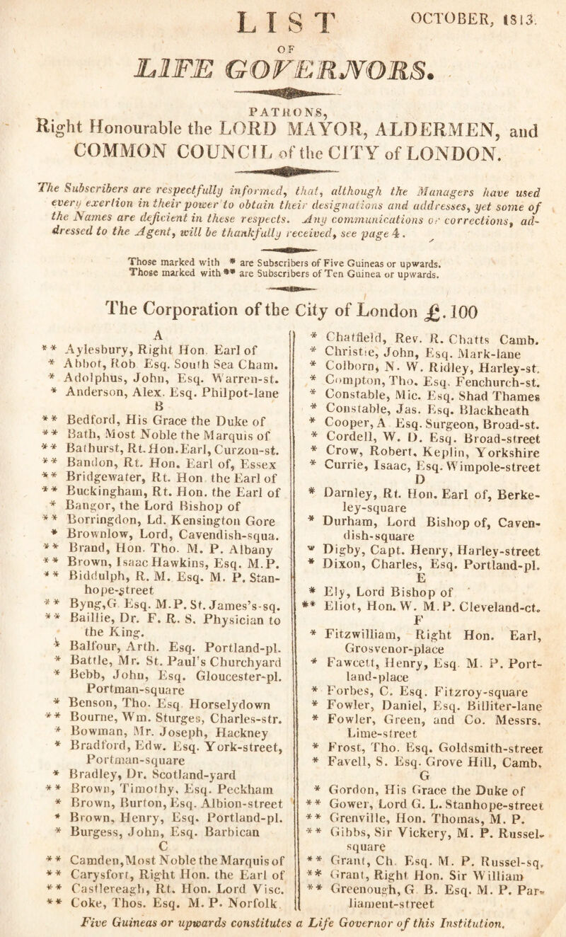 OCTOBER, (313; L I S 1 OF LIFE GOVERNORS, P A T R O N S Right Honourable the LORD MAYOR, ALDERMEN, and COMMON COUNCIL of the CITY of LONDON. The Subscribers are respectfully informed, that, although the Managers have used evert, exertion in their power to obtain their designations and addresses, yet some of the Names are deficient in these respects. Any communications or correctionst ad- dressed to the Agent, will be thankfully received, see page 4. Those marked with * are Subscribers of Five Guineas or upwards. Those marked with** are Subscribers of Terr Guinea or upwards. The Corporation of the City of London 100 * * * * * * * ■# * * * * * St * * * * * * * •* st¬ ir * * x X X « * 4 * * X * X X X * # * * * * * * * X X X * A Aylesbury, Right Hon Earl of Ahbof, Rob Esq. Souih Sea Cham. Adolphus, John, Esq. Warren-st. Anderson, Alex. Esq. Philpot-lane B Bedford, His Grace the Duke of Bath, Most Noble the Marquis of Bathurst, Rt.Hon.Earl, Curzon-st. Bandon, Rt, Hon. Earl of, Essex Bridgewater, Rt. Hon the Earl of Buckingham, Rt. Hon. the Earl of Bangor, the Lord Bishop of Borringdon, Ld. Kensington Gore Brownlow, Lord, Cavendish-squa. Brand, Hon. Tho. M. P. Albany Brown, Isaac Hawkins, Esq. M.P. Biddulph, R. M. Esq. M. P. Stan¬ hope-Street Byng,G Esq. M.P. St. James’s-sq. Baillie, Dr. F. R. S. Physician to the King. Balfour, Arth. Esq. Portland-pl. Battle, Mr. St. Paul's Churchyard Bebb, Johu, Esq. Gloucester-pl. Portman-square Benson, Tho. Esq Horselydown Bourne, Wm. Sturges, Charles-str. Bowman, Mr. Joseph, Hackney Bradford, Edw. Esq. York-street, Portman-square Bradley, Dr. ScotJand-yard Brown, Timothy, Esq. Peckham Brown, Burton, Esq. Albion-street Brown, Henry, Esq. Portland-pl. Burgess, John, Esq. Barbican C Camden,Most Noble the Marquis of Carysfort, Right Hon. the Earl of Castlereagh, Rt. Hon. Lord Vise. Coke, Thos. Esq. M. P. Norfolk * Chaffield, Rev. R. Chatts Camb. * Christie, John, Esq. Mark-lane * Colborn, N. W. Ridley, Harley-st. * Compton, Tho. Esq. Fenchurch-st. * Constable, Mie. Esq. Shad Thames * Constable, Jas. Esq. Blackheath * Cooper, A Esq. Surgeon, Broad-st. * Cordell, W. D. Esq. Broad-street * Crow, Robert. Keplin, Yorkshire * Currie, Isaac, Esq. Wimpole-street D * Darnley, Rt. Hon. Earl of, Berke- ley-square * Durham, Lord Bishop of, Caven¬ dish-square w Digby, Capt. Henry, Harley-street * Dixon, Charles, Esq. Portland-pl. E * Ely, Lord Bishop of ** Eliot, Hon. W. M.P. Cleveland-cC F * Fitzwilliam, Right Hon. Earl, Grosvenor-place * Fawcett, Henry, Esq M. P. Port¬ land-place * Forbes, C. Esq. Fitzroy-square * Fowler, Daniel, Esq. Billiter-lane * Fowler, Green, and Co. Messrs. Lime-street * Frost, Tho. Esq. Goldsmith-street * Favell, S. Esq. Grove Hill, Camb. G * Gordon, His Grace the Duke of ** Gower, Lord G. L. Stanhope-street ** Grenville, Hon. Thomas, M. P. ** Gibbs, Sir Vickery, M. P. Russel. square ** Grant, Ch. Esq. M. P. Russel-sq, ** Grant, Right Hon. Sir William ** Greenough, G B. Esq. M. P. Par* liament-street