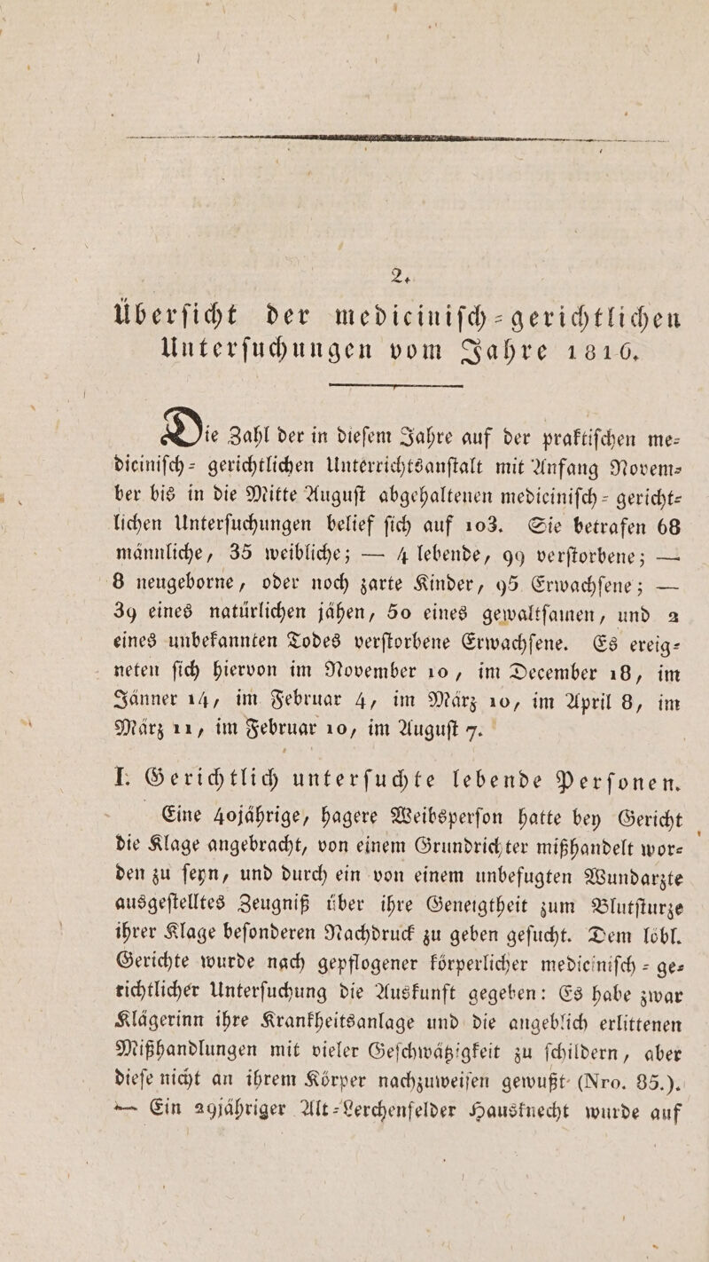 dieiniſch- gerichtlichen Unterrichtsanſtalt mit Anfang Novem— ber bis in die Mitte Auguſt abgehaltenen medicinifch = gerichte lichen Unterſuchungen belief ſich auf 103. Sie betrafen 68 männliche, 35 weibliche; — 4 lebende, 99 verſtorbene; — 8 neugeborne, oder noch zarte Kinder, 95 Erwachſene; — 39 eines natürlichen jähen, 50 eines gewaltſamen, und 2 eines unbekannten Todes verſtorbene Erwachfene. Es ereig⸗ neten ſich hiervon im November 10, im December 18, im Jänner 14, im Februar 4, im März 10, im April 8, im März 11, im Februar 10, im Auguſt 7. J. Gerichtlich unterſuchte lebende Perfonen. Eine 4ojährige, hagere Weibsperſon hatte bey Gericht die Klage angebracht, von einem Grundrichter mißhandelt wor— den zu ſeyn, und durch ein von einem unbefugten Wundarzte ausgeſtelltes Zeugniß über ihre Geneigtheit zum Blutſturze ihrer Klage beſonderen Nachdruck zu geben gefucht. Dem löbl. Gerichte wurde nach gepflogener körperlicher medieiniſch-ge— richtlicher Unterſuchung die Auskunft gegeben: Es habe zwar Klägerinn ihre Krankheitsanlage und die angeblich erlittenen eißhandlungen mit vieler Geſchwätzigkeit zu ſchildern, aber dieſe nicht an ihrem Körper nachzuweiſen gewußt (Nro. 35.) . — Ein aqjähriger Alt-Lerchenfelder Hausknecht wurde auf