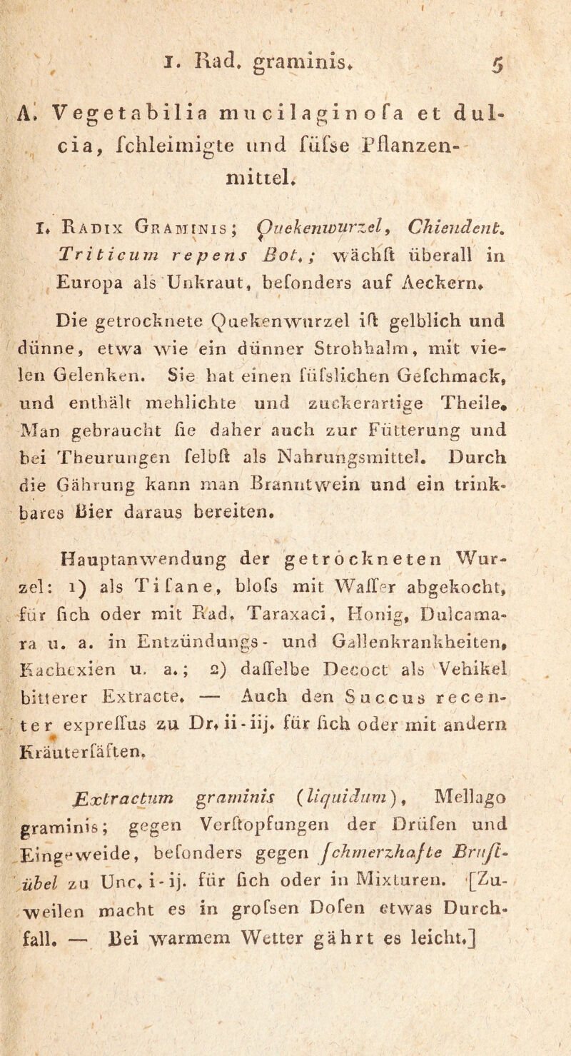 ' ^ I. Rad. graminis» 5 Al Vegetabilia mucilaginofa et dul- cia, fchleiinigte und füräe Pflanzen- niitteL !♦ Radix Grabiinis; (puekenwurzely Chieiident, Triticum repens Bot^; wächft überall in Europa als Unkraut, befonders auf Aeckern» Die getrocknete Quekenwurzel iü gelblich und dünne, etwa wie ein dünner Strohhalm, mit vie- len Gelenken. Sie bat einen füTslichen Gefchmack, und enthält mehlichte und zuckerartige Theile* Man gebraucht üe daher auch zur Fütterung und bei Theurungen felbft als Nahrungsmittel. Durch die Gährung kann man Branntwein und ein trink- bares liier daraus bereiten, Hauptanwendung der getrockneten Wur- zel: i) als TiCane, blofs mit Waller abgekocht, für fich oder mit Rad, Taraxaci, Honig, Dulcama- ra u. a. in Entzündungs- und Gabenkrankheiten, Kachexien u. a.; 2) dalTelbe Decoct als Vehikel bitterer Extracte, — Auch den Saccus recen- ter exprelTus zu Dnii-iij, für fich oder mit andern Kräuterfäften. \ JP.xtractum graminis {liquidum) y Mellago graminis; gegen Verftopfungen der Drüfen und ^Eingevveide, befonders gegen fchmerzhafte Briiß- \ühel zu Unr,i-ij. für fich oder in Mixturen. '[Zu- weilen macht es in grofsen Dofen etwas Durch- fall. — J5ei warmem Wetter gährt es leichu]