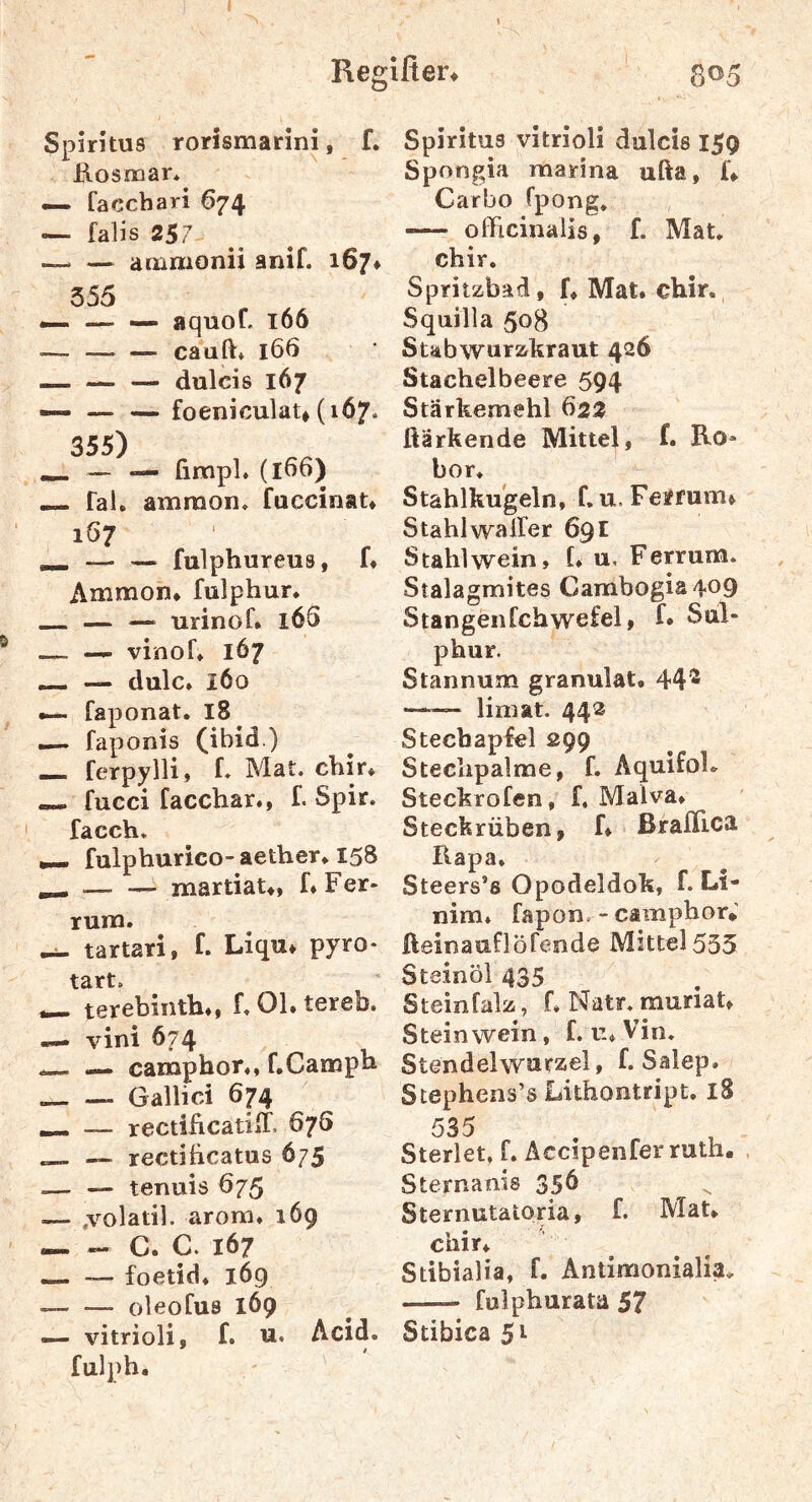 Spiritus rorismarini, f. B-Osmar* — facchari 674 — falls 257- —- — ammonii anif. 167* 355 — — — aquof. 166 — cauft* 166 — — — dulcis 167 — — — foeniculau (167* «.« — — limpl. (166) — Tal. ammon, fuccinat* 167 ^ — — fulphureus, f* Ammon* fulphur. — — urinof. 166 — — vinof» 167 — — dulc» 160 •— faponat. 18 —. faponis (ibid.) — ferpylli, f« Mat. cliir* — fucci facchar«, f. Spir. facch. fulphurico- aether* 158 ^ — — martiat*) f* Fer- rum. ^ tartari, f. Liqu» pyro- tart. . terebinth*, f«01.tereb. — vini 674 — camphor., f.Campn Gallici 674 ^ — rectibcatiff. 676 — rectibcatus 675 — — tenuis 675 .— .volatil. arora. 169 — C. C. 167 — — foetid» 169 — oleofus 169 — vitrioli, f. u. Acid. fulph. Spiritus vitrioli dulcis 159 Spoogia marina ufta, f* Carbo fpong. — olficinalis, f. Mat. chir. Spritzbad, f* Mat. chir. Squilla 508 Stabwurzkraut 426 Stachelbeere 594 Stärkemehl 622 ßärkende Mittel, f. Ro- bor. Stahlkugeln, f. u, Ferrum^ Stahlwailer 691 Stahlwein, f. u, Ferrum. Stalagmites Cambogia4o9 Stangenfchwefel, f. Sul- Stannum granulat, 44® —— limat. 442 Stechapfel 299 Stechpalme, f. AquifoL Steckrofen, f, Malva. Steckrüben, f* ßrafllca Rapa» Steers’s Opodeldok, f. Li- nim. fapon.-camphor; fteinauflöfende Mittel535 Steinöl 435 Steinfalz, f» Natr. muriat, Stein wein, f. u. Vin. Stendelwurzel, f. Salep. Stephens’s Lithontript. 18 535 Sterlet, f. Accipenferruth. . Sternanis 356 Sternutatoria, f. MaU chir. Stibialia, f. Antimonialia. folphurata 57 Stibica 5*-
