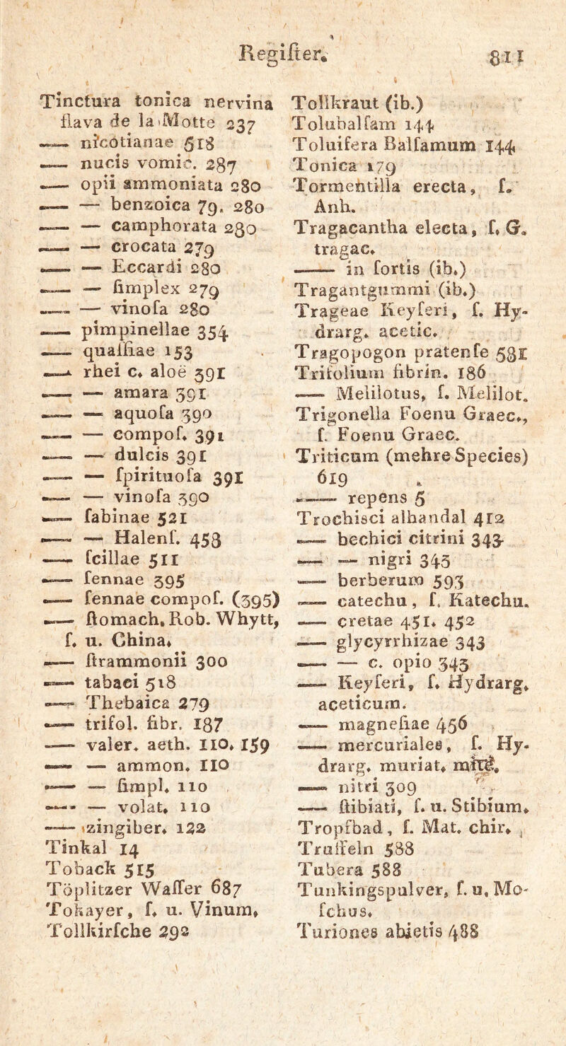 Tinctura tonica nervina flava äe la »Motte 237 n?cotianae 518 nuois vomiü. 287 opii ammoniata 280 — benzoica 79, 280 — canaphorata 230 — crocata 279 — Eccardi 280 — fimplex 279 — vinoTa 280 pimpinellae 35/^ qualEae 153 rhei c» aloe 591 — amara 391 — aquofa 590 — compof* 391 — dulcis 391 — fpirituofa 391 — vinofa 590 fabinae 521 — Halenf. 453 Ccillae 511 fennae 395 fenjiae compof. (395) ftomach, Rob. Whytt, u. China* ftrammonii 300 tabaci 518 Thebaica 279 trifol. übr. 137 vaier« aeth. iio* 159 — ammon* Iio — ümpb 110 — volat* 110 »zingiber* i2a kal 14 Toback $15 Töplitzer WafTer 687 Tohayer, E u. Vinum* Tollkirfche 292 Tolikraut (ib.) ^ Toliibalfam 14^ Toliiifera Balfamum 144, Tonica 179 Tormentiiia erecta, E Anh. Tragacantha electa, EG, tragac» in fortis (ib*) Tragantgummi (ib.) Trageae Iteyferi, E Hy- ■ drarg. aceüc. , Tragopogoo pratenfe 53s: Trifolium fibrln. 186 Meiilotus» E Melilot. Trigonelia Foenu Graec», E Foenu Graec. Tiiticum (mehre Species) 6X9 repens 5 Trocbisci alhaodal 4x3 — bechici citrini 343. — nigri 343 — berbemix) 593 «— catechu, f. Katechu, - cretae 451. 452 glycyrrhizae 343 — — c. opio 343 Keyferi, E Hydrarg. aceticum. — magnefiae 45^ mercuriaiee, E Hy- dra rg. muriat» naW. —» nitri 309 - r —- ftibiatJ, E u. Stibium* Tropfbad, E Mat. chir* ^ Tmlfeln 583 Tubera 588 Tunkingspalver, Eu.Mo- fclius. Turiones abietis 48S
