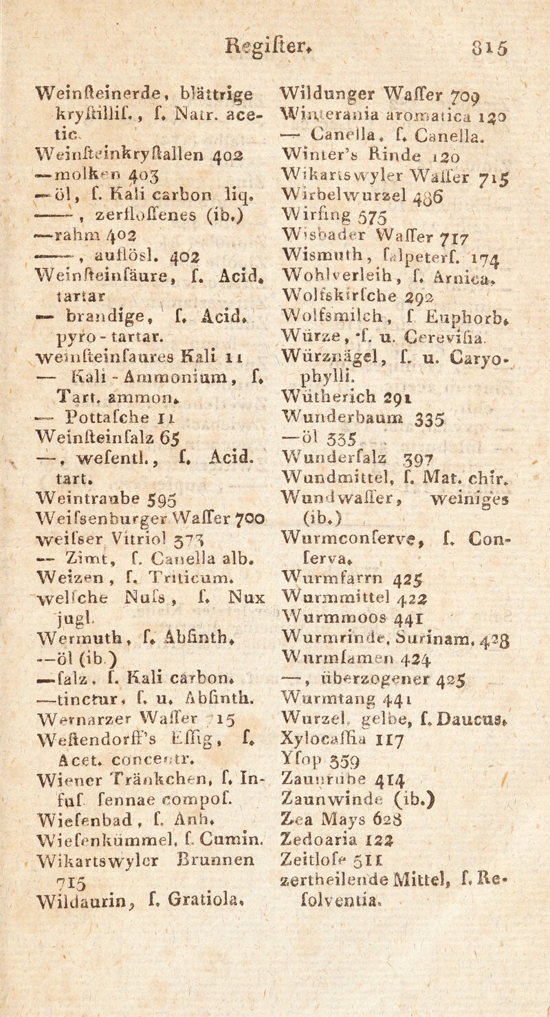 Wein fiel n er die, blättrige kryfiillif., f* Natr. ace- tic Weinrteinkryftallen 402 — molk^r-n 403 — öl, f. Kali carbon iiq, ——^ , zertloITenes (ib.) —rahm 403 , autlösl. 402 Weinfteinfäure, f. Acid* tartar —» br an dige, f, Acid, pyro - tartar. ‘Weiiiheinfaiires Kali 11 — Kali - Amoaoniam, f, Tart, ammoru —' Pottafche li Weiniteinfalz 65 —, wefentl., f« Acid. tart, Weintraube 595 Weifsenburger WalTer 7^0 weibser Vitriol 5*73 — Zimt, f. Canella alb. Weizen , f, Tnticum. welfche Nüfa , f. Nux jugl. Wermutk, f* Abkntb, —öl (ib ) — falz, f. Kali carbon* —tinctur* f, u* Abhnth. Wernarzer Wailer 15 Wekendorff’s hlTig, f. ÄceU conceetr. Wiener Trankcheii, f* In- fttf fennae compoL Wiefenbad, f. Anh* Wiefenkümmel, f. Cumin. Wikartswvler Brunnen 715 Wiidaurin, f, Gratiola. Wildunger Waffer 709 WiiVeraaia aroiriatica 130 —r- Canella. f, Canella. Winter’a Rinde 130 Wikariswyler Waller 715 Wirbel Wurzel 436 Wirfing 575 Whsbader WalTer 717 Wismuth, bdpeterf. 174 Wohlverleih, f, Arnka* Wolfßktrlche 292 Wolfsmilch, f Euphorbi Würze , *f. u. Cerevifia. Würznägel, £. u. Caryo- pbylli. W^ütherich 291 W^UTiderbaum 335 —öl 535 ^ ; Wunderfalz 397 Wandmittel, f. Mat. chlr. WundwalTer, weiniges (ib.) , Warna CO nferve, L Con» ferva* Wiirmfarrn 425 Wurmraittel 422 Wurmmoos 441 Wurmrinde, Surinam. 433 Wurm Id men 424 —, überzogener 435 Wunntang 441 Wurzel, gelbe, CDauciiSe. XylocalEa 117 Yfop 359 Zaunrohe 4^4 Zaun winde (^ib.) Z-ea Mays 628 Zedoaria 122 Zeitlofe5i£ zertheilende Alittel, LRe- folvenda.