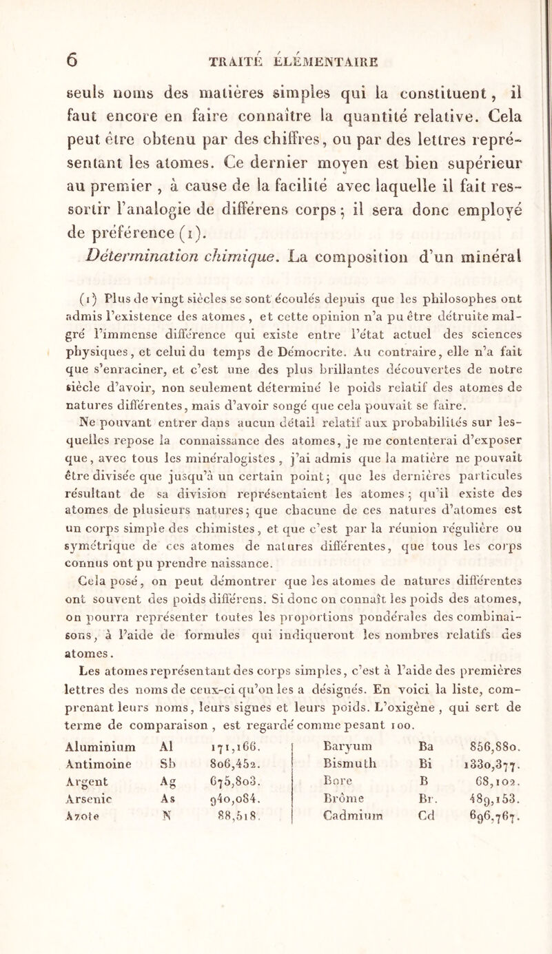 seuls noms des matières simples qui la constituent, il faut encore en faire connaître la quantité relative. Cela peut être obtenu par des chiffres, ou par des lettres repré* sentant les atomes. Ce dernier moyen est bien supérieur au premier , à cause de la facilité avec laquelle il fait res- sortir Fanalogie de différens corps ; il sera donc employé de préférence (i). Détermination chimique. La composition d’un minéral (i) Plus de vingt siècîes se sont écoulés depuis que les philosophes ont admis l’existence des atomes , et cette opinion n’a pu être détruite mal- gré l’immense différence qui existe entre l’état actuel des sciences physiques, et celui du temps de Démocrite. Au contraire, elle n’a fait que s’enraciner, et c’est une des plus brillantes découvertes de notre siècle d’avoir, non seulement déterminé le poids relatif des atomes de natures differentes, mais d’avoir songé que cela pouvait se faire. Ne pouvant entrer dans aucun détail relatif aux probabilités sur les- quelles repose la connaissance des atomes, je me contenterai d’exposer que, avec tous les minéralogistes , j’ai admis que la matière ne pouvait être divisée que jusqu’à un certain point j que les dernières particules résultant de sa division représentaient les atomes 5 qu’il existe des atomes de plusieurs natures^ que chacune de ces natures d’atomes est un corps simple des chimistes, et que c’est par la réunion régulière ou symétrique de ces atomes de natures différentes, que tous les cojps connus ont pu prendre naissance. Cela posé, on peut démontrer que les atomes de natures différentes ont souvent des poids différens. Si donc on connaît les poids des atomes, on pourra représenter toutes les proportions pondérales des combinai- sons, à l’aide de formules qui indiqueront les nombres relatifs des atomes. Les atomes représentant des corps simples, c’est à l’aide des premières lettres des noms de ceux-ci c[u’on les a désignés. En voici la liste, com- prenant leurs noms, leurs signes et leurs poids. L’oxigène , qui sert de terme de comparaison, est regardé comme pesant 100. Aluminium Al 171,166. Barvuin Ba 856,880. Antimoine S b 806,452. Bismuth Bi 1330,877. Argent Ag 675,803. Bore B 68,102. Arsenic As 940,o84. Brome Br. 489,153. Â70ie N 88,5i8. Cadmium Cd 696,7^7-