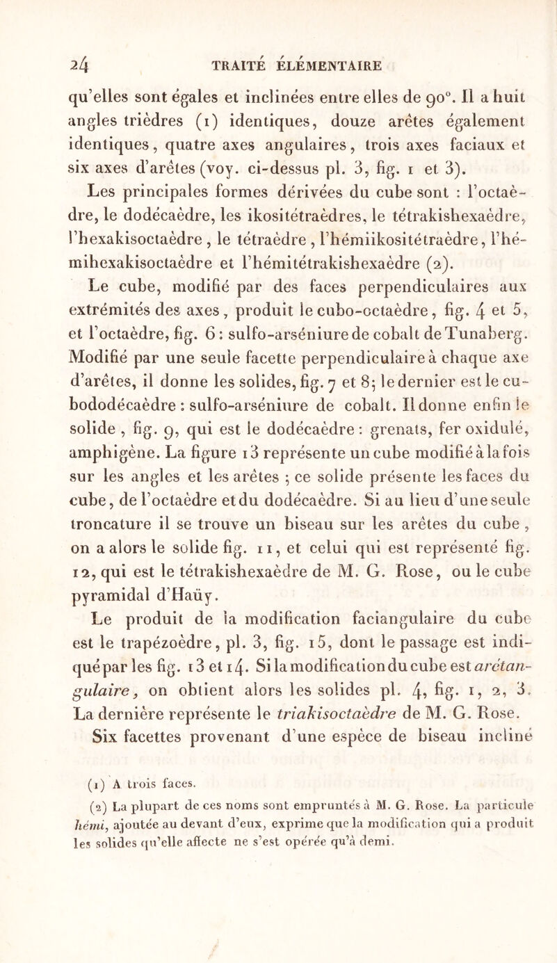 qu’elles sont égales et inclinées entre elles de 90°. Il a huit angles trièdres (i) identiques, douze arêtes également identiques, quatre axes angulaires, trois axes faciaux et six axes d’arêtes (voy. ci-dessus pl. 3, fig. i et 3). Les principales formes dérivées du cube sont : l’octaè- dre, le dodécaèdre, les ikositétraèdres, le tétrakishexaédre, l’hexakisoctaèdre , le tétraèdre , l’hémlikositétraèdre, Thé- mihexakisoctaèdre et l’hémitétrakishexaèdre (2). Le cube, modifié par des faces perpendiculaires aux extrémités des axes, produit le cubo-octaèdre, fig. 4 et 5, et l’octaèdre, fig. 6 : sulfo-arséniurede cobalt deTunaberg. Modifié par une seule facette perpendiculaire à chaque axe d’arêtes, il donne les solides, fig. 7 et 85 le dernier est le eu- bododécaèdre : sulfo-arséniure de cobalt. Il donne enfin le solide , fig. 9, qui est le dodécaèdre: grenats, fer oxidulé, amphigène. La figure i3 représente un cube modifié à la fois sur les angles et les arêtes ; ce solide présente les faces du cube, de l’octaèdre et du dodécaèdre. Si au lieu d’une seule troncature il se trouve un biseau sur les arêtes du cube , on a alors le solide fig. ii, et celui qui est représenté fig. 12, qui est le tétrakishexaédre de M. G. Rose, ou le cube pyramidal d’Haüy. Le produit de la modification faciangulaire du cube est le trapézoèdre, pl. 3, fig. i5, dont le passage est indi- quéparlesfig. i3eti4. Si la modification du cube est areta/?- gulaire, on obtient alors les solides pl. 4? G La dernière représente le triahisoctaèdre de M. G. Rose. Six facettes provenant d’une espèce de biseau incliné (1) A trois faces. (2) La plupart de ces noms sont empruntes à M. G. Rose. La particule liérni, ajoute'e au devant d’eux^ exprime que la modification qui a produit les solides qu’elle afiecte ne s’est operee qu’à demi.