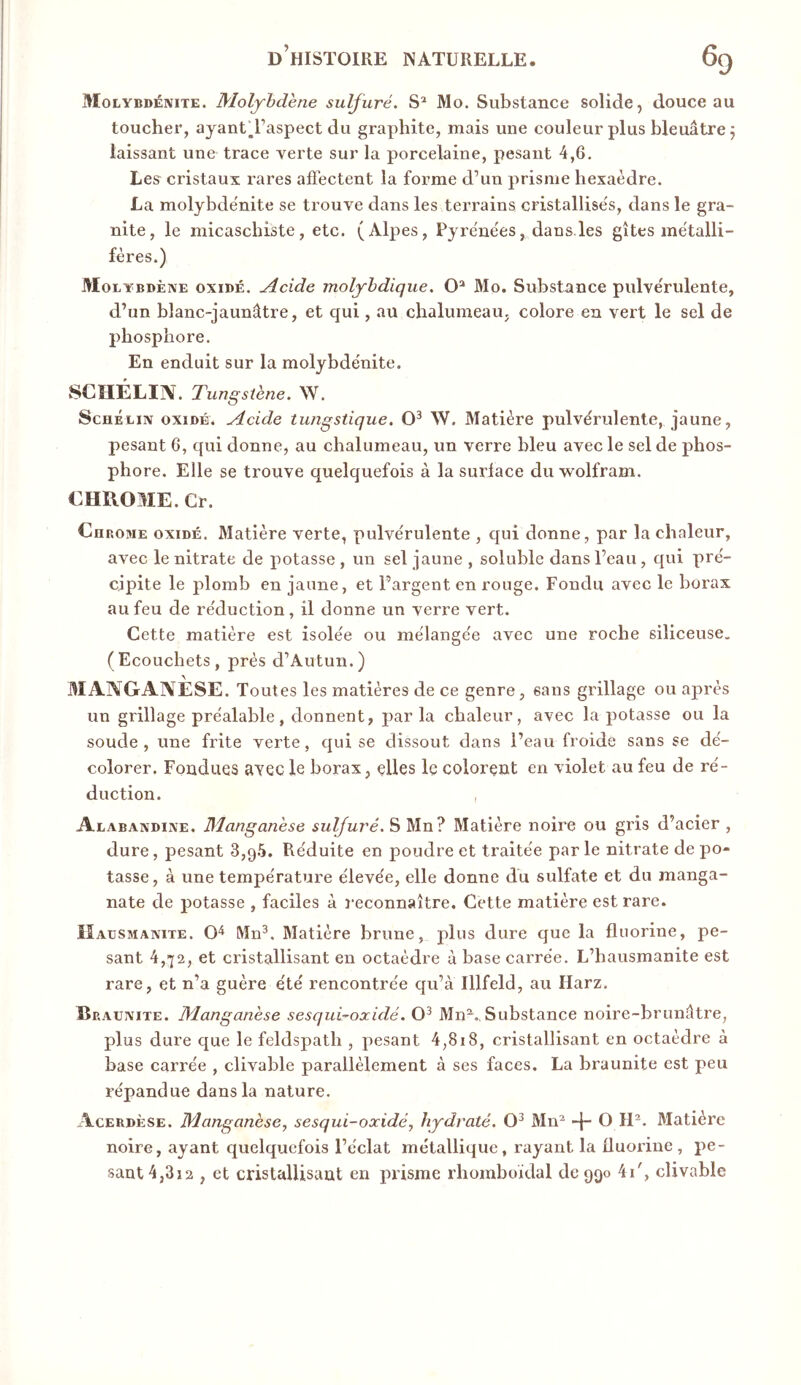 Molybdéivite. Molybdène sulfuré. Mo. Substance solide, douce au toucher, ayant^l’aspect du graphite, mais une couleur plus bleuâtre j laissant une trace verte sur la porcelaine, pesant 4,6. Les cristaux rares affectent la forme d’un prisme hexaèdre. La molybde'nite se trouve dans les terrains cristallises, dans le gra- nité, le micaschiste, etc. (Alpes, Pyre'nëes, dans.les gîtes me'talli- fères.) Molybdène oxidé. Acide molyhdique. 0“ Mo. Substance pulvérulente, d’un blanc-jaunâtre, et qui, au chalumeau, colore en vert le sel de phosphore. En enduit sur la molybdénite. SCHÉLIIV. Tungstène. W. SchÉlin oxïdé. Acide tungstique. W. Matière pulvérulente, jaune, pesant 6, qui donne, au chalumeau, un verre bleu avec le sel de phos- phore. Elle se trouve quelquefois à la surlace du wolfram. CHROME. Cr. Chrome oxidé. Matière verte, pulvérulente , qui donne, par la chaleur, avec le nitrate de potasse , un sel jaune , soluble dans l’eau, qui pré- cipite le plomb en jaune, et l’argent en rouge. Fondu avec le borax au feu de réduction, il donne un verre vert. Cette matière est isolée ou mélangée avec une roche siliceuse. (Ecouchets, près d’Autun.) MANGANÈSE. Toutes les matières de ce genre, sans grillage ou après un grillage préalable, donnent, parla chaleur, avec la potasse ou la soude , une frite verte, qui se dissout dans l’eau froide sans se dé- colorer. Fondues ayec le borax, elles le colorent en violet au feu de ré- duction. Alabandine. Manganèse sulfuré. S Matière noii'e ou gris d’acier , dure, pesant 3,9.5. Réduite en poudre et ti’aitée par le nitrate de po- tasse, à une température élevée, elle donne du sulfate et du manga- nate de potasse , faciles à reconnaître. Cette matière est rare. Haüsmanite. Mn^. Matière brune, plus dure que la fluorine, pe- sant 4,72, et cristallisant en octaèdre à base carrée. L’hausmanite est rare, et n’a guère été rencontrée qu’à Illfeld, au Harz. B RAUNiTE. Manganèse sesqui~oxidé. Mn^., Substance noire-brunâtre, plus dure que le feldspath , pesant 4,818, cristallisant en octaèdre à base carrée , clivable parallèlement à ses faces. La braunite est peu répandue dans la nature. Acerdèse. Manganèse, sesqui-oxidé, hydraté. Mn^ -f- O Matière noire, ayant quelquefois l’éclat métallique, rayant la fluorine, pe- sant 4,3i2 , et cristallisant en prisme rhomboidal de 990 4i', clivable