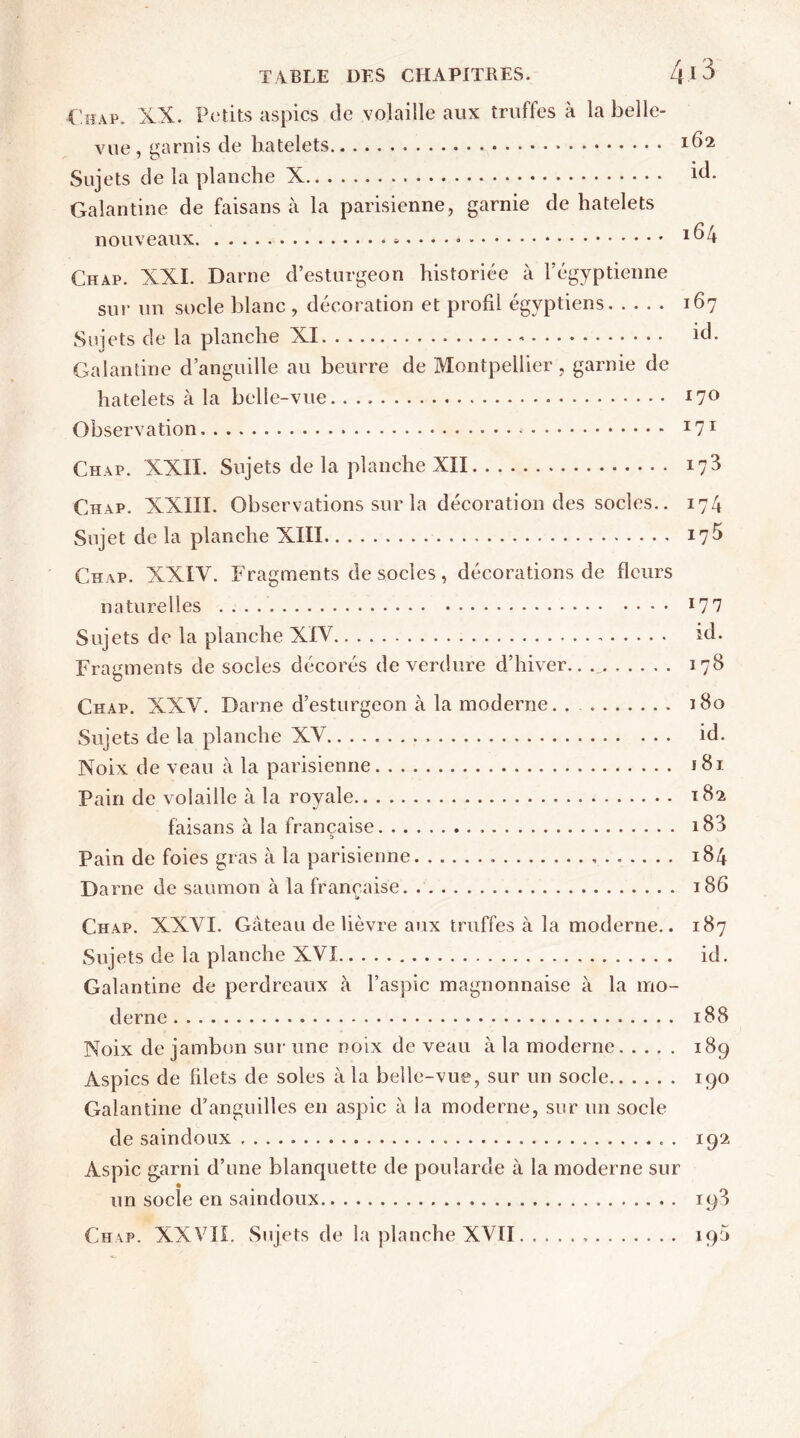Cîiap. XX. Petits aspics de volaille aux truffes à la belle- vue, garnis de hatelets 1^2 Sujets de la planche X id. Galantine de faisans à la parisienne, garnie de hatelets nouveaux * 164 Chap. XXL Darne d’esturgeon historiée à l’égyptienne sur un socle blanc , décoration et profil égyptiens 167 Sujets de la planche XI « id. Galantine d’anguille au beurre de Montpellier , garnie de hatelets à la belle-vue *7° Observation * I7I Chap. XXII. Sujets de la planche XII 178 Chap. XXIII. Observations sur la décoration des socles.. 174 Sujet de la planche XIII 17% Chap. XXIV. Fragments de socles, décorations de fleurs naturelles *77 Sujets de la planche XIV id. Fragments de socles décorés de verdure d’hiver.. 178 Chap. XXV. Darne d’esturgeon à la moderne. . 180 Sujets de la planche XV id. Noix de veau à la parisienne 181 Pain de volaille à la royale 182 faisans à la française 188 Pain de foies gras à la parisienne 184 Darne de saumon à la française 186 Chap. XXVI. Gâteau de lièvre aux truffes à la moderne.. 187 Sujets de la planche XVI id. Galantine de perdreaux à l’aspic magnonnaise à la mo- derne 188 Noix de jambon sur une noix de veau à la moderne 189 Aspics de filets de soles à la belle-vue, sur un socle 190 Galantine d’anguilles en aspic à la moderne, sur un socle de saindoux 192 Aspic garni d’une blanquette de poularde à la moderne sur un socle en saindoux 198 Chap. XXVII. Sujets de la planche XVII 190