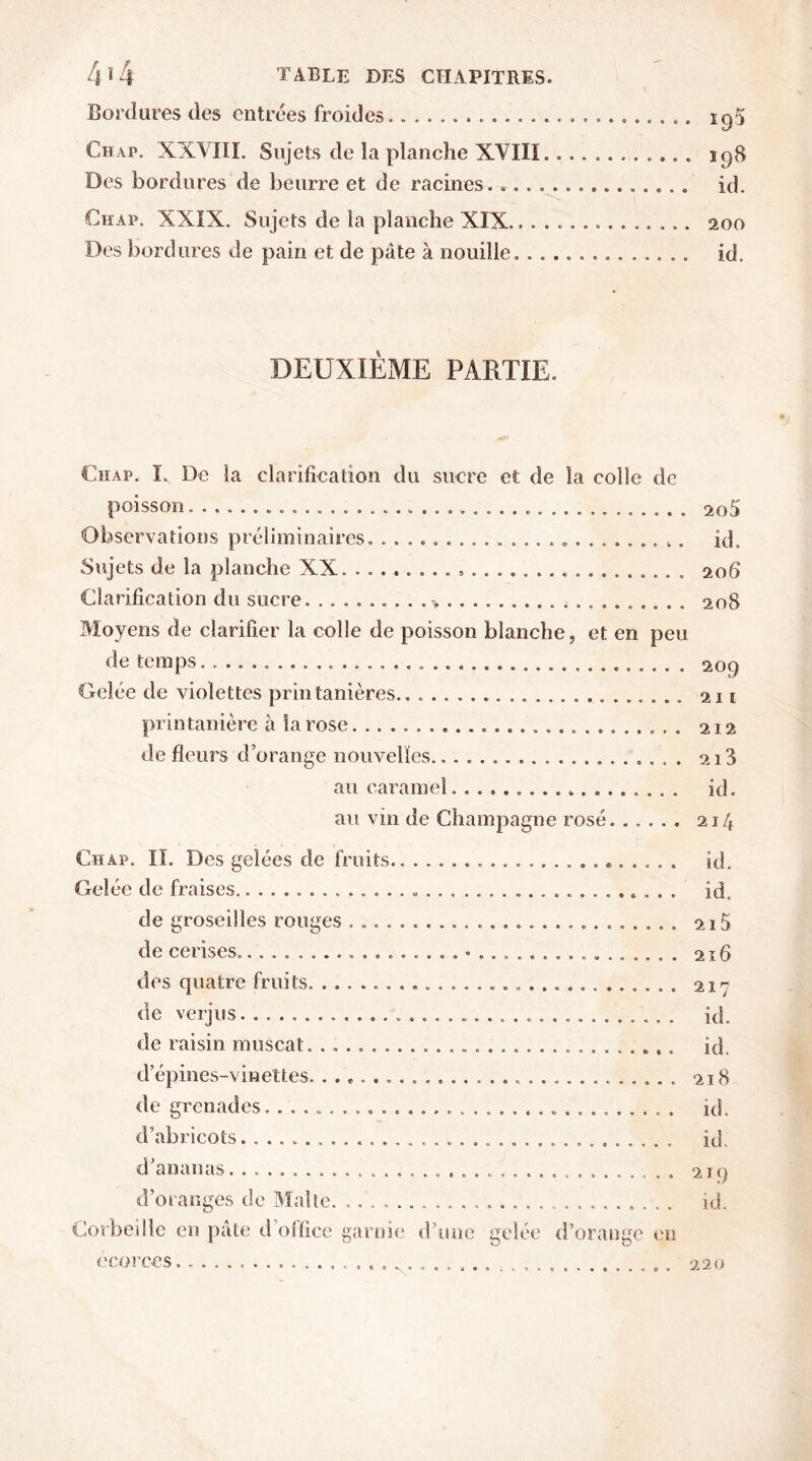 Bordures des entrées froides.. Chap. XXVIII. Sujets de la planche XYIIÏ 198 Des bordures de beurre et de racines. ............... id. Chap. XXIX. Sujets de la planche XIX. ...... 200 Des bordures de pain et de pâte à nouille id. DEUXIÈME PARTIE. Chap. I. De la clarification du sucre et de la colle de poisson 2o5 Observations préliminaires. id. Sujets de la planche XX. .......................... 206 Clarification du sucre. ........ 208 Moyens de clarifier la colle de poisson blanche, et en peu de temps 209 Gelée de violettes printanières.. 211 printanière à la rose 212 de fleurs d’orange nouvelles. 218 au caramel id. au vin de Champagne rosé 214 Chap. IL Des gelées de fruits. id. Gelée de fraises................................... id, de groseilles rouges 215 de cerises................................... 216 des quatre fruits. 217 de verjus. id. de raisin muscat. ............................ id. d’épines-vinettes. 218 de grenades................................ id. d’abricots id. d’ananas................................... 219 d’oranges de Malte. id. Corbeille en pâte d office garnie d’une gelée d’orange en écorces. 220