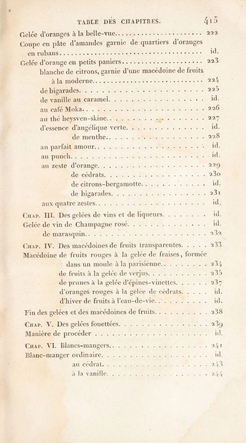 TABLE DÈS CHAPITRES. Gelée d’oranges à la belle-vue... Coupe en pâte d’amandes garnie de quartiers d’oranges en rubans * Gelée d’orange en petits paniers. blanche de citrons, garnie d’une macédoine de fruits à la moderne de bigarades de vanille au caramel. . au café Moka au thé heysven-skine d’essence d’angélique verte de menthe au parfait amour au punch. au zeste d’orange de cédrats de citrons-bergamotte de bigarades aux quatre zestes 25.2 id. 223 224 225 id. 226 227 id. 22 8 id. id. 229 230 id. 23ï id. Chap. III. Des gelées de vins et de liqueurs id. Gelée de vin de Champagne rosé id. de marasquin.. **32 Chap. IV. Des macédoines de fruits transparentes 233 Macédoine de fruits rouges à la gelée de fraises, formée dans un moule à la parisienne 234 de fruits à la gelée de verjus 235 de prunes à la gelée d’épines-vinettes 237 d’oranges rouges à la gelée de cédrats id. d’hiver de fruits à l’eau-de-vie id. Fin des gelées et des macédoines de fruits 238 Chap. V. Des gelées fouettées 2 3q Manière de procéder id. Chap. VI. Blancs-mangers 241 Blanc-manger ordinaire id. au cédrat 243 à la vanille 244