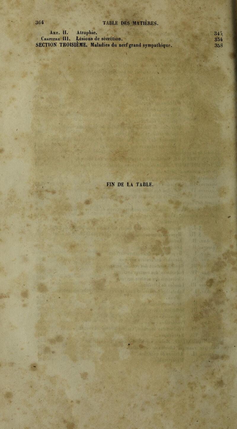 Art. II. Atrophie. 345 Chapitre III. Lésions de sécrétion. 354 SECTION TROISIÈME, Maladies du nerf grand sympathique. 358 t FIN DE LA TABLE. \ - ♦ *