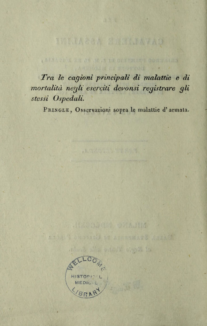 Tra le cagioni principali di malattie e di mortalità negli eserciti devonsi registrare gli stessi Ospedali. Pringle, Osservazioni sopra le malattie d’armata.