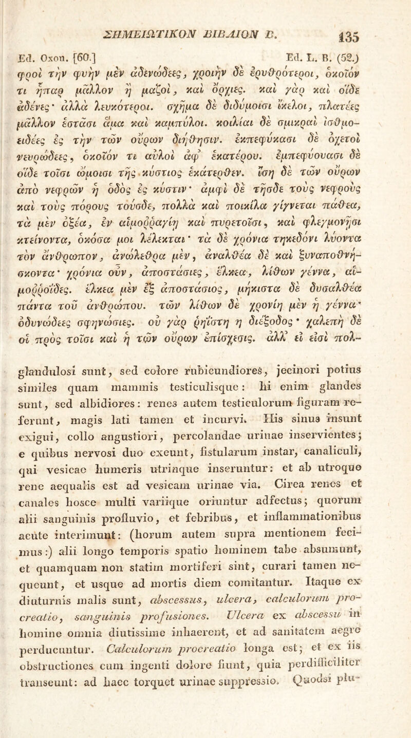ΣΙΙΜΕΐαΤίΚσΝ ΒΙΒΛΙΟΝ Β, £(!. Οχοη. [60.] Ed. L. Β. (52J (γροί την ψυην μεν adivcodeeg, XQOi^v δε ε^νϋ-ροτίροι, δκοΐον τι ήπαρ μάλλον η μάζοί y iial δρχιες. ^αΐ γάρ γ,αΐ ο'ίδε αδένες’ άλλα λεναότεροι. όχημα δέ διδυμοισι έ'λίλοι, πλατέες μάλλον εοτάσι άμα καΙ ααμπόλοι. ν,οιλιαι δέ σμικραί Ισ&μο- ίίδέες ές την των ουρών διηϋ-ησιν. ίκπεφνκασι δέ οχετοί τευρώδεες^ οκοΐόν τι αυλοί άφ εκατέρου. εμηεφυουασι δέ οϊδε τοισι ωμοιοι της κΰστιος έκάτερΟεν. νση δέ τών ουρών άπο νεφρών η οδος ες κΰστιν’ άμφί δέ τησδε τους νεφρονς καί τους πόρους τοναδε, πολλά καΐ ποικίλα γίγνεται παϋεα, τα μέν οξέ'α, εν αΐμορρα/ίτ] καί πυρετοίσι, καί φλεχμοντιαι κτείνοντα, οκόσα μοι λέλεκται ’ τά δέ χρόνια τηκεδοη λυοντα τον άνθρωπον, άνώλεθρα μέν, άναλθέα δέ καί ξυναποϋ-νη- σκοντα’ χρόνια οΰν, αποστασίες, ελκεα, λίθ'ων γέννα, αι- μορροΐδες. έλκεα μέν Ι| άποστάσιος, μηκιστα δέ δυσαλθέα πάντα του ανθρώπου, τών λίθων δέ χρονίη μέν η γέννα’ οδυνώδεες σφηνώσιες. ου γάρ ρηΐστη η διέξοδος · χαλεπή δέ σΐ προς τοΐσι καί ή τών ουρών επίσχεσις. αλ}έ εΐ εΐσί πολ- glaiidulosi sunt, sed colore rubicundiore^, jecinori potius similes quam mammis testiculisque: lii enim glandes sunt, sed albidiores : renes autem testiculorum figuram re- ferunt, magis lati tamen et incurvi. His sinus fnsunt exigui, collo angustiori, percolandae urinae inservientes5 e quibus nervosi duo exeunt, fistularum instar, canaliculi, qui vesicae liumeris utrinque inseruntur: et ab utroque rene aequalis est ad vesicam urinae via. Circa renes et canales bosce multi variique oriuntur adfectus; quorum alii sanguinis profluvio, et febribus, et inflammationibus aeiite interimunt: (liorum autem supra mentionem feci- mus:) alii longo temporis spatio liominem tabe absumunt, et quamquam non statirn mortiferi sint, curari tamen ne- queunt, et usque ad mortis diem comitantur. Itaque ex· diuturnis malis sunt, abscessus, ulcera, calculorum pro- creatio, sanguinis profusiones. Ulcera ex abscessu in· homine omnia diutissime inhaerent, et ad sanitatem aegre perducuntur. Calculorum procreatio longa est; et ex ns obstructiones cum ingenti dolore fiunt, quia perdifliciiitcr transeunt: ad haec torquet urinae suppressio, Quodsi plu»