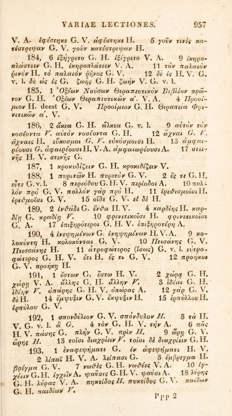 V. A. έφίατ7]κε G. V. άφέστηκε IJ. 5 γονν τινίς κ«- tiaTOB\p(xv G. V. γουν ycaTSOTQtxftav H. 184, 6 έξηγρΒτο G. H. έ'ξίγρετο V. A. 9 Ικηρο^ ίΐ7.άστεΒν G. H. έκ7]ροπΙάτεεν V. A, 11 τον ηάλαιον ρινον Η. τό παλαιόν ρτ^νος G. V. 12 δε ές Η. V. G. V. 1. ίδ ώς ές G. ζ^ής G. Η. ζω7]ν V. G. ν. Ι. 185, 1 Όξέων Νονοων Θεραπευτικόν ΙΒιβλίον πρώ- τον G. Η. Οξ,εων Θεραπευτικών α’. V. Α. 4 ΤΙροοί- μιον Η. deest G. V· ϋροοίμιον G. Η. Θεραπεία Φρε^ νιτικών α , V. 186, 2 ακεα G. Η. αλκεα G. ν. 1. 9 αντόν τον νοσ^οντα V, αυτόν νοσέοντα G. Η. 12 αχναι G. ^. άχναις Η. εύκοσμοι Ο. V, ευκόσμοισι Η. 13 άμφαι- ρεουσι G. άφαιρε'ουσιϋ,Υ· Α. αμφαιωρέουσιΑ· 17 ατει- νης Η. V. ατεντ^ς G. 187, 1 κροκυδιζειν G. Η. κροκιδίξειν V· 188, 1 πυρετών Η. πυρετόν G. V. 2 ες τε G. II. e^rfiG.v.l. 8 τΓίρίοδου G. Η. V. περίοδοι Α, \0πολ^ λόν προ G. V· πολλόν γαρ προ Η. 11 έρει^ισμοΐσιΠ, έρε^μοΐσι G. V· 15 οϊδε G. V. εΐ δέ H. , 189, 2 έν^άδεΟ, εν^α II. V. 4 καρδίτ^ςΥΙ, καρ- δίη G. κραδίη V. 10 φρενιτικοΐσι Η. ψρενετικοΐσι G‘. Α. 17‘ έπιζ7]ρ6τεροι G. H. V· έπιζχ^ροτ^ρχ] Α. 190, 4: ένειρ7]μενων G. ένηιρ7]μένων ϊί.Υ.Α. 9 κο- λοκύντη Η. κολοκννται G. V. 10 Πτισάνης G. V. Πτισσάνης Η. 11 άτροψώτερος (ϊσως) G. ν. 1. εντρο· φωτερός G. Η. V. ετι Η. ες τι G. V. 12 προήκοι G. V. προηκ?] Η. 191, 1 εστων G. έστω Η. V. χο)ρ7} V. Α. άλλης G. II. άλλην id6}jv V, όπώρης G. II. V. οπώρας Α. 14 εμ-ψν'ξιν G. V. εκιρυξιν Η, ίρπυλον G. V, 192, 1 σπονδύλων G. V. σπόνδυλον H» 3 τ« II. V. G. V. 1. α G. 4 τον G, II. V. r;;V Α. 6 πας Η. V. πάσ7ΐς G. πλην G. V. πρίν Η, 9 ώρτ} G. V. ώρης Η, 13 τοΧοι διαχρΙεινΤ^· τοΐσι δέ διαχρίειν G. Η. 193, 1 εναφειρηματι G. έν άφεψηματι Η. V. 2 λίπαϊ Η. V. Α. λείπασι G. δ ψ^ρεγμα Η. βοίγμα G. V. 7 νω^Ις G. Η. νω^ίες V. Α. 10 χεεινΟΛΙ, έγχείνΑ» χραναις τρανσιΑ. 18 λνρης G. Η. λνρας Υ. Α. πηχτίδος ΙΑ πυκτίδος G. V. παίδωκ G. Η. παιδιών V· η ο Ρρρ 2 2 χώχρα G. Η. δ Ιδεαι G. II. 12 γαρ G. V, 15 ερπΰλλονΧΛ,