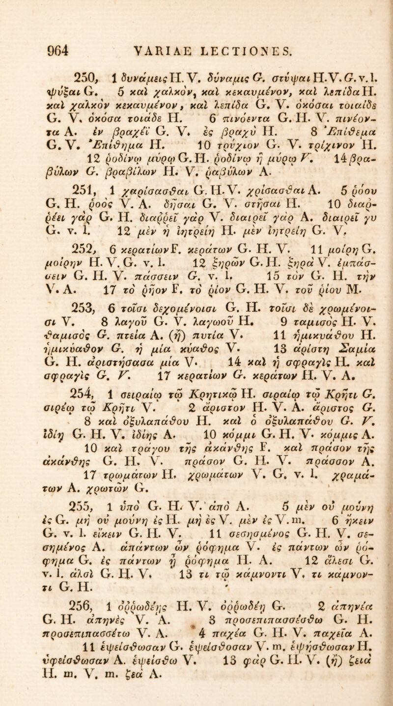 250, 1 V. ^ύναμιςΟ, GTvipctiH..V.G.v.\. \pv^oii.Gr» 5 yccl χαλκορ^ καί κεκαυμένον, καϊ λεπίδαΐί, yal χαλκόν κεκανμένον, καϊ λεπίδα G. V. όκόααι τοιαίδε G. V* όκόαα τοιάδε Η. 6 πινοεντα G. Ιΐ. V. ηινέον- τα Α. έν βραχεί G. V* ες β^^χό Η. 8 Βπί^εμα G. V· *Επί^7]μα H. 10 τρνχιον G. V· τρίχινον Η, 12 ροδίνο) μνρα> G,H. ροδίνω η μΰρω Κ, Χ4:βρα· βύλων G. βραβίλων Η. V. ραβύλων Α- 251, 1 χαρίσασ^αι, G. li‘V· χρίβασ-δαιΑ· 5 ρόου G. Η. ροός V- Α. δησαπ G. V. στησαι Η. 10 δίαρ^ ρέει> γάρ G. Η. διαρρεΐ γάρ V. διαιρεί γάρ Α. διαιρεί γυ G. V. 1. 12 μέν 7] υμρείη Η· μίν Ιητρείι^ G. V, 252, 6 κερατίωνΈ, κεράτων G. Η. V. 11 μοίρη^, μοίρι^ν Εί. V. G. V. 1. 12 ξι^ρων G. Η. ζηρά V. εμπάσ- οειν G. Η. V. πάσσειν G. ν. 1. 15 τυν G. Η. r?;y V· Α. 17 ΓΟ ρηον F. το ρίον G. Η. V. τον ρίου Μ· 253; 6 τοΐσι δεχομενοισι G. H. τοΐσι δε χρωμενοι- ύΐ V, 8 λαγού G. V. λαγωον Η. 9 ταμισός Η· V. •Πάμισός G, πτεία Α. (rj) πυτιά V. 11 ημι,κνά^ου Η. Τιμικΰα^ον G. 'η μία κύαμος V. 13 άρίατη Σαμία G. Η. άρεστηύααα μία V· 14 κάϊ η σφραγίς iL. καί οφραγίς G, V, 17 κερατίων G* κεράτων Η. V. Α. 254, 1 σειραίω τω Κρητικω Η. σιραίω τω Κρητι G, αιρέω τω Κρητν V· 2 άρυατον Η. V. Α. άριστος G. 8 καϊ όξυλαηάτ3ον Η. καΐ ο ό^υλαπά^ου G, 7^, Ιδί7^ G. Η. V. Ιδίης Α. 10 κόμμτ G. Η. V· κόμμις 10 καϊ τράγου της ακάν^7}ς F. καϊ τιράαον της (χκάνι9ης G. Η» V. πράσον G. Η· πράοσον Α. 17 τρωμάτων Ht χρωμάτων V. G* V. 1. χραμά- των Α. χρωτών G. 255, 1 υπό G. Η. V.’ατΓο' Α. 5 μεν ου μούνη ες G. μη ον μοΰνη ες Η. μη ες V. μεν ες V. ηι. 6 ηκειν G. V. 1. είκειν G. Η. V· 11 οεοησμένος G. Η. V. σε~ σημένος Α, απάντων ων ρόφ7]μα V. ές πάντων ών ρό- φημα G, ές πάντων ρόφημα II. Α. 12 άλεσε G. V. 1. άλσϊ G. U. V» 13 ττ τώ κάμνοντι V, τι κάμνον- τι α Η. 256; 1 όρρωδέν^ς Η. V* όρρωδέΐ) G. 2 άπηνεα G. Η. απηνές V. Α. 3 προσεπιπαασέα^ω G. Η. προαεπιπασσέτω V. Α. 4 παχεα G. Η. V. παχεϊα Α. 11 έιρείσ^ωσαν G· ειρείσι3οσαν V. m. εψηστ^ωσανΉ., νφείσ^ωααν Α. ίφείσι^ω V. 13 φάρ G. 1L V. (y;) ζετά 11. m. V. m. ζεά Α.