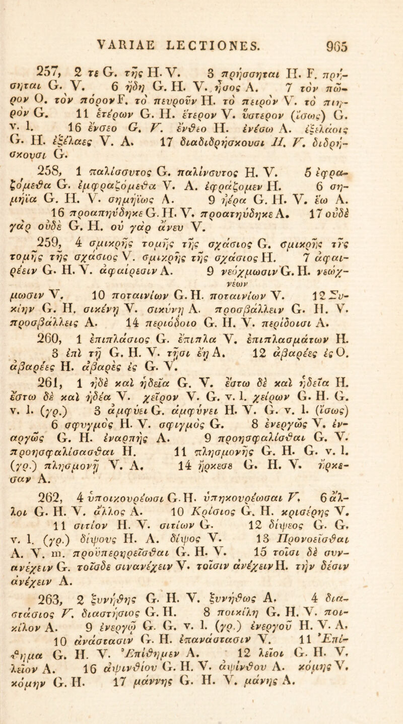 2o/, 2 Ti G. rijtH. V. 3 }ΐρήασηται II. F. οηται G. V. 6 G. H. V..»J<;oe A. 7 Top πω» ρορ Ο, τον πόρονΐ, το πενρονν^ϊ. το πειρον V. το πιιγ- ρον Cr, 11 ίτέρων G. II. 'έτερον νστερον (tuoic,) G. V· 1. , ένθεο Gt Κ. έν·δεο H. ίνέαο} Α. έξελάοις G. Η. ε'ξελαες V. Α. 17 διαδίδρήσκουσι 7/. διδρ?;- οκονθε G. 258, 1 παλίσσντος G. παλίναντος Η. V. 5 ε(ρροί· ζομε^α G. εμφραζόμε^α V. Α. εφράζομεν Η. 6 οη- μήϊα G. Η, V . σ7]μήϊως Α. 9 ι^ε'ρα G. Η. V. εω Α. 16 προαπηνδηκε 7Γροατηύδ7]κε Α, i7 ουδέ γαρ ουδέ G, Η. οΰ γαρ αν εν V. 259, 4 σμεκρης τομτ^ς της σχάύιος G. θμικριις τις τομής της σχαΟίος V. σμικρης της σχάσιος Η., 7 άεραε- ()££iy G. Η. Υ. άφαίρεαενΑ. 9 yεo/^ωσί,ί'G. ΓΙ. νεώχ- νέων ριωσίν\, 10 ποταινίων G.H. ποταινίων\. 12^8ί;- κΪ7]ν G. Η, σικε'ν7] Υ. σικύν)] Α. προσβάλλειν G. II. V. προσβάλλεις Α. 14 περιόδοιο G, Η. Υ. περίδοισι Α. 260, 1 έπιπλάσιος G. έπιπλα Υ, έπιπλασμάτων Η. δ επί ττ^ G. Η. Υ. ττ^αι 12 άβαρέες εςΟ, άβαρεες Η. αβαρές ες G. Υ. 261, 1 ηδέ καΐ ηδεΐα G. V. έστω δέ καΐ 7]δεΐα Η. έθτω δέ καϊ ηδεα Υ. χείρον Υ. G. ν. 1. χείρων G. Η. G. V. 1* (χρ.) δ άμερνει G. άμφννει Η. Υ. G. ν. 1. {'ίσως) 6 σφυγμός Η. Υ. σφιγμός G. 8 ένεργώς Υ. iV- αργως G. Η. εναρπης Α· 9 προησφαλίσ^αι G. Υ. προ7]σφαλίσασέ^αι Η. 11 πλ7]σμον7'}ς G. Η. G. ν. 1. (/(>.) πλι^σμοντ] Υ. Α. 14 ιιρκεσε G* Η. Υ. έρκ&· ααν Α. 262, 4 υποικουρε'ωσι ΟΉ. ύπηκονρέωσαι δ άλ- λοι G. Η. Υ. άλλος Α. 10 Κρίσιος G. Η. κρισίρ7]ς Υ, 11 σιτίον Η. Υ. αιτίων G. 12 διιρεος G· G. 1. (Ιγρ.) δίχρονς Η. Α. δίφος Υ. 13 ΤΙρονοεΐστθαι Α. \. m. προύηερτ}ρεΐσ'&αι (τ. Η. Υ. 15 τοίσι δέ συν- nvi/iivQ. τοισδε σινανε'χεινΥ» τοισιν άνέχεινΏ.. την δεσιν άνέχειν Α. 263, 2 Ιννη^ης G. Η. Υ. ^ννή^ως Α, 4 δια-, στάσιος V. διαστησιος G. Η. 8 ποικίλη G. Η. Υ. τιοι- κίλον Α. 9 ένεργίο G. (χ. ν. 1. {γρ.^ ενεργού Η. Υ· Α, 10 άνάστασιν G. Η. έπανάατασιν Υ. 11 *Επί^ Ί^ημα Q, Η. Υ· '‘Επί^7]μεν Α. * 12 λείοι G. ΙΙ· Υ, λε'ιον Α» 16 drpivSiov άιρίν^ον Α. κόμηςΥ* κόμην G. ΓΙ- 17 μάννης G. Η. Λ', μάνης Α.