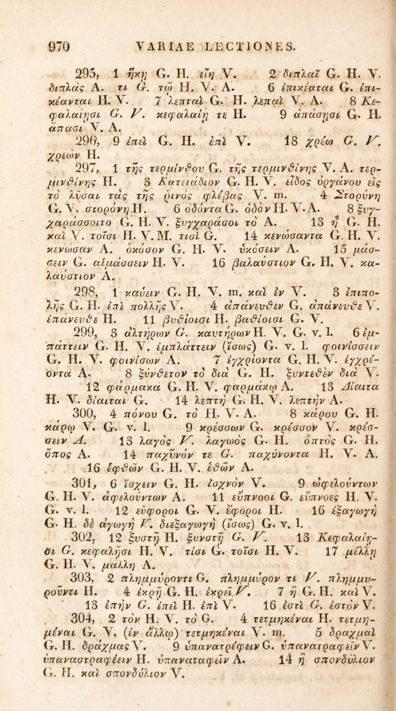 295, 1 G. H. ίϊη V. 2 ^ιηίαΐ G. H. Y. ^ί'πΧάς A. τυ G. τω H. V. Λ* 6 έπικίαται G. έπι- κέανται· ΓΙ, A. 7 λξπταϊ G· Η. Χεπαϊ V. A. 8 Xf- q>alai}]Gi, C. V, aecpaXaiij τε H. 9 απάστιαυ G· II. aTiuGi A. 290, 9 ίπέί G. H. iTtl V. 18 G, χρεών Η. 297, 1 τ7]ς τερμίνδον G. τερμινδίνης V. Α. τερ- μινδίν7]ζ Η. 3 Κατειάδιον G. Η. V. είδος οργάνου είς τό λνσαο τάς τ7\ς ρινος φλέβας V. Π1. 4 Στορννη G. Υ. aro()oV;;H. GodovraG, o(5oj^H*V*A. S ξνγ- χαράσσοιτο G. Η. V. ζνγχαράαοΰ τό Α. 13 ?/ (7. Η. καί V. τοίσύ Η. Υ. Μ. τεσι G. 14 κενώοαντα G, Η. Λ^. κένωσαν Α. όκόοον G. Η. Υ. υκόσειν Α. 15 μάσ-- ϋειν G. αΐμάσσει,ν Η. Υ. 16 βαλανοτιον G. Η. κα- λαυστιον Α. 298, 1 καύειν G. Η. V. m. καΐ εν V. 3 επιπο- λης G. Η. επί πολληςΛ’· 4 άπάνευδεν G. άπάνευδε \ . έπάνενδε Η. 11 βυδίοισι Η. βαϋίοισν G. Υ~. 299, 3 άλτ7]ρων G. καντ/^ρων Η. Υ. G· ν. 1. 6 εμ- πάττειν G. Η. Υ. εμτιλάττειν (Ι'σωί) G. ν. 1. φοινίασειν G. Η. Υ. φοινίσων Α. 7 έγχρίοντα G. Η. Ύ. ^χρ^- οντα Α. 8 ^ΰνδετον τό διά G. Η. ζνντεδεν δοά V. 12 φάρμακα G. Η. Υ. φαρμάκο) Α. 13 κίίαυτα Η. Υ. δίαιταν G. · 14 λεητ7] G. Η. Υ. λε'ΐ.τ7]ν Α· 300, 4 πόνου G. το ίϊ. V^· Α. 8 κάρου G. Η. καρω Υ. G. ν. 1. 9 κρέσοων G. κρεσσον V. κρε'σ- σειν Λ. 13 λαγός λαγωός G· Η. οπτός G. Η. όπος Α. 14 παχυνόν τε G. παχύνοντα Η. Υ. Α. 16 ίφδών G. Η. Υ. εδών Α. 301, 6 ϊσχειν G. Η. ισχνόν V. 9 ώφελονντων (τ. Η. Υ. άφελονντων Α. 11 εύπνοοι G. ενπνοες Η. Υ. G. V. I. 12 εύφορον G. Υ. έφορον Η. 16 ε'ζαγωγτ) G. Η. δέ άγωγγι δνε'ξαγωγη (ϊσως) G. V. 1. 302, 12 ξνστ7] Η. ξυνστΐ/ G. Τ^. 13 ΐίεφαλαΐτ^- ύν G, κεφαλ^σν Η. Υ. τίσν G. τοΐσν Η. Υ. 17 μέλλ7ΐ G. Η. Λ . μαλλ7] Α. 303, 2 π7π]μμυροντν G, ηλ7]μμνρον τν , πλ7]μμυ- ρουντν Η. 4 G. Η. εκρεί Ρ^, 7 η G. Η. καΐν, 13 επ7']ν G. έπεί Η. έπΙ Υ. 16 εστί Ο. iox0vV. 304, 2 τόν Η. Ύ. τό G. 4 τετμ7]κέναν Η. τετμΐ]- μίναν (τ. (εν άλλω) τετμηκίναι Υ. ηι, 5 δραχμαί (χ. Η, δράχμας\» 'Q νπανατρίφεννΟ* νηανατραφεΐν^. νπαναστραφέενν Η. \)παναταφεΙν Α. ΐ4 η σπονδΰλνον (λ ίί. καΐ σπονδύλων Υ.