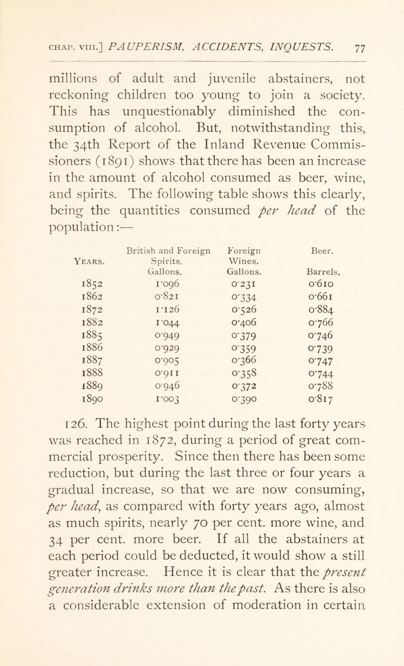 millions of adult and juvenile abstainers, not reckoning children too young to join a society. This has unquestionably diminished the con¬ sumption of alcohol. But, notwithstanding this, the 34th Report of the Inland Revenue Commis¬ sioners (1891) shows that there has been an increase in the amount of alcohol consumed as beer, wine, and spirits. The following table shows this clearly, being the quantities consumed per head of the population:— British and Foreign Foreign Beer. Years. Spirits. Wines. Gallons. Gallons. Barrels. 1852 1-096 0-231 o-6io 1862 0-821 o’334 o-66i 1872 1-126 0526 0-884 1882 1-044 0-406 0-766 1885 0-949 0-379 0-746 1886 0-929 0-359 o-739 1887 0-905 0-366 o-747 1888 0-911 o-358 o-744 1889 0-946 0-372 0-788 1890 1-003 0-390 0-817 126. The highest point during the last forty years was reached in 1872, during a period of great com¬ mercial prosperity. Since then there has been some reduction, but during the last three or four years a gradual increase, so that we are now consuming, per head, as compared with forty years ago, almost as much spirits, nearly 70 per cent, more wine, and 34 per cent, more beer. If all the abstainers at each period could be deducted, it would show a still greater increase. Hence it is clear that the present generation drinks more than the past. As there is also a considerable extension of moderation in certain