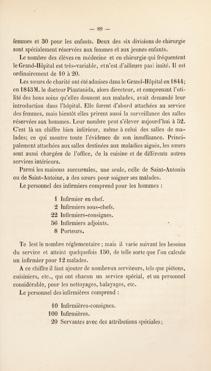 femmes et 30 pour les enfants. Deux des six divisions de chirurgie sont spécialement réservées aux femmes et aux jeunes enfants. Le nombre des élèves en médecine et en chirurgie qui fréquentent le Grand-Hôpital est très-variable, etn’est d’ailleurs pasl imité. Il est ordinairement de 10 à 20. Les sœurs de charité ont été admises dans le Grand-Hôpital en 1844; enl843M. le docteur Piantanida, alors directeur, et comprenant Futi¬ lité des bons soins qu’elles donnent aux malades, avait demandé leur introduction dans l’hôpital. Elle furent d’abord attachées au service des femmes, mais bientôt elles prirent aussi la surveillance des salles réservées aux hommes. Leur nombre peut s’élever aujourd’hui à 52. C’est là un chiffre bien inférieur, même à celui des salles de ma¬ lades; ce qui montre toute l’évidence de son insuffisance. Princi¬ palement attachées aux salles destinées aux maladies aiguës, les sœurs sont aussi chargées de l’office, de la cuisine et de différents autres services intérieurs. Parmi les maisons succursales, une seule, celle de Saint-Ântonin ou de Saint-Antoine, a des sœurs pour soigner ses malades. Le personnel des infirmiers comprend pour les hommes : 1 Infirmier en chef. 2 Infirmiers sous-chefs. 22 Infirmiers-consignes. 56 Infirmiers adjoints. 8 Porteurs. Te lest le nombre réglementaire ; mais il varie suivant les besoins du service et atteint quelquefois 150, de telle sorte que l’on calcule un infirmier pour 12 malades. A ce chiffre il faut ajouter de nombreux serviteurs, tels que piétons, cuisiniers, etc., qui ont chacun un service spécial, et un personnel considérable, pour les nettoyages, balayages, etc. Le personnel des infirmières comprend : 10 Infirmières-consignes. 100 Infirmières. 20 Servantes avec des attributions spéciales;