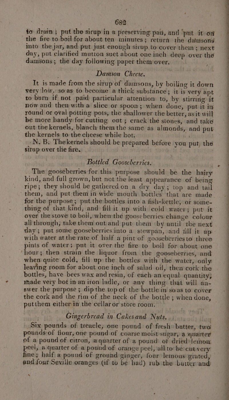 Sd : to drain ; put the sirup in a preserving: pan, and ‘put it ort the fire to:boil for about ten minutes; return the damsons. into the jar, and put just enough sirup to cover them ; next It is made from the sirup of damsons, by boiling it down very low, soas to become a thick substance; it is very apt 1 a Sa now and then witha slice or spoon; when done, put it in round or oval potting pots, the shallower the better, as it will be more handy for cutting out; crack the stoves, and take out the kernels, blanch them the same as almonds, and put the kernels to the cheese while hot. ee eee -N. B. Thekernels should be prepared before you put, the sirup over the fire, | | Bottled Gooseberrics. The gooseberries for this purpose should be the hairy | kind, and full grown, but not the least appearance of being : ripe; they should be gathered on a dry day; top and tail them, and put them in wide mouth bottles that are made for the purpose; put thebottles into a fish-kettle; of some- | thing of that kind, and fillit up with cold water; put it - over the stove to boil, whenthe gooseberries change colour all through, take them out and put them by until the next day ; put some gooseberries into a stewpan, and fill it up: with water at the rate of half a pint of gooseberries to three pints of water; put it over the fire to boil for about one ‘hour; then strain the liquor from the gooseberries, and : when quite cold, fill up the bottles with the water, only: leaving room for about one inch of salad oil, then cork the | bottles, have bees wax and resin, of each an equal quantity; : made very hot in an iron ladle, or any thing that will an- ; swer the purpose; dipthe topof the bottle in soasto cover. the cork and the rim of the neck of the bottle ; when done, | putthem either in the cellar or store room, : Gingerbread in Cakesand Nuts, : bcos Six pounds of treacle, one pound of fresh» butter, two pounds of flour, one pound-of coarse moist'sugary a ‘quarter of a pound of citron, a quarter of a pound: of dried lemow peel, a quarter of a poundof orange peel, all tobe: cut very fine; half a pound of ground ginger, four lemous grated, and four Seville oranges (if tu be had) rub the butter and x