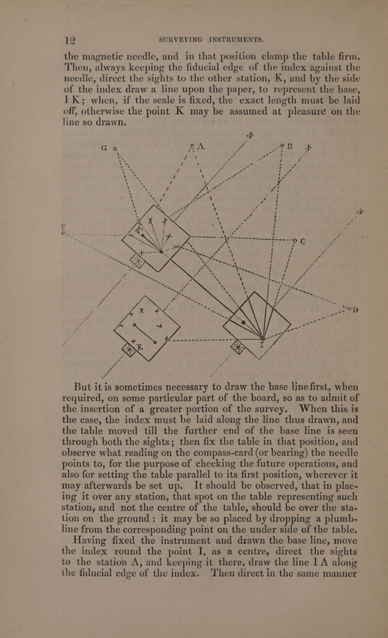 the magnetic needle, and in that position clamp the table firm. Then, always keeping the fiducial edge of the index against the needle, direct the sights to the other station, K, and by the side of the index draw a line upon the paper, to represent the base, IK; when, if the scale is fixed, the exact length must be laid off, otherwise the point K may be assumed at pleasure on the line so drawn. Goa ® P But it is sometimes necessary to draw the base line first, when required, on some particular part of the board, so as to admit of the insertion of a greater portion of the survey. When this is the case, the index must be laid along the line thus drawn, and the table moved till the further end of the base line is seen through both the sights; then fix the table in that position, and observe what reading on the compass-card (or bearing) the needle points to, for the purpose of checking the future operations, and also for setting the table parallel to its first position, wherever it may afterwards be set up. It should be observed, that in plac- ing it over any station, that spot on the table representing such stations and not the centre of the table, should be over the sta- tion on the ground: it may be so placed by dropping a plumb- line from the corresponding point on the under side of the table. Having fixed the instrument and drawn the base line, move the index round the point I, as a centre, direct the sights to the station A, and keeping it there, draw the line I A along the fiducial edge of the index. Then direct in the same manner