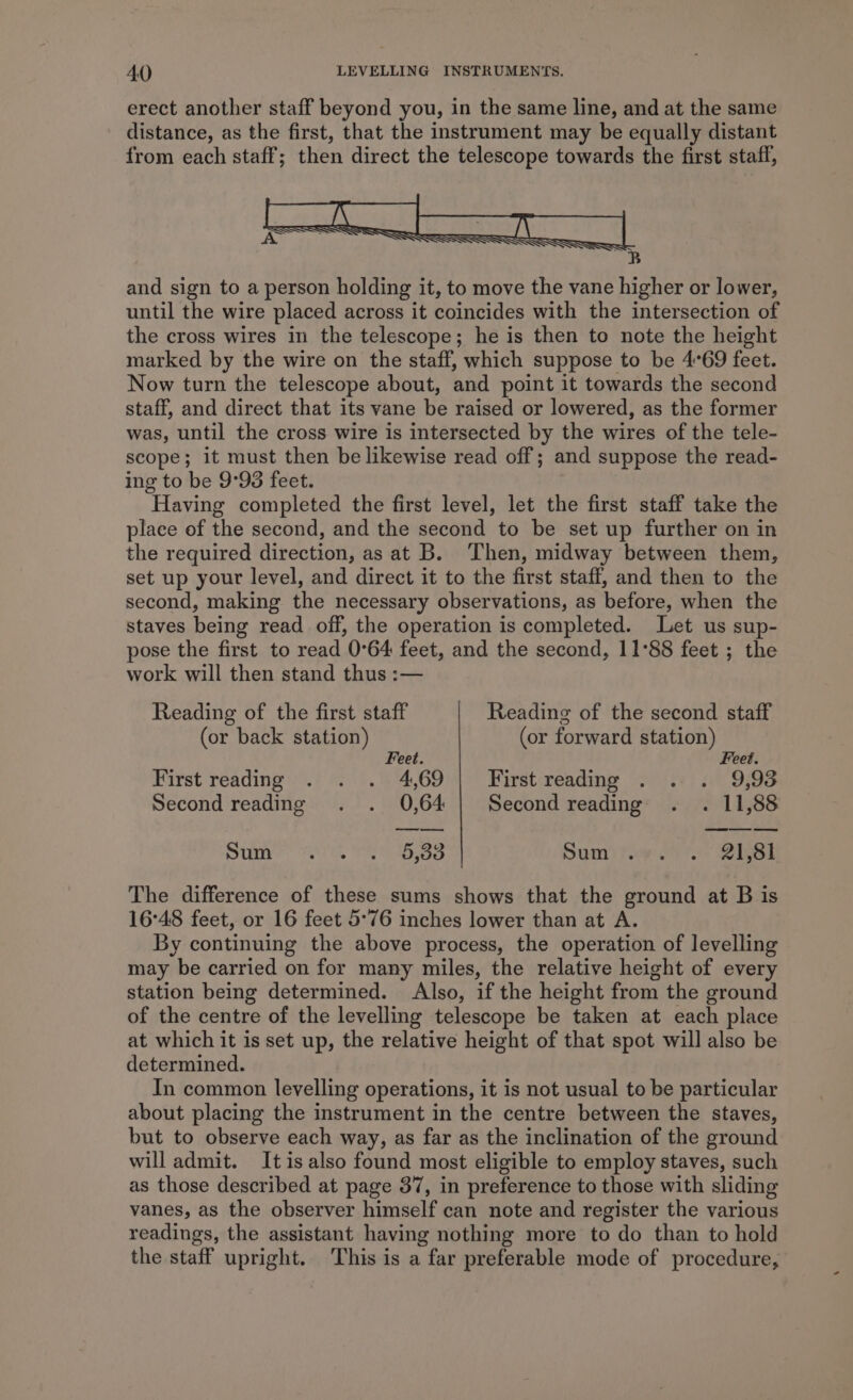 erect another staff beyond you, in the same line, and at the same distance, as the first, that the instrument may be equally distant from each staff; then direct the telescope towards the first staff, and sign to a person holding it, to move the vane higher or lower, until the wire placed across it coincides with the intersection of the cross wires in the telescope; he is then to note the height marked by the wire on the staff, which suppose to be 4°69 feet. Now turn the telescope about, and point it towards the second staff, and direct that its vane be raised or lowered, as the former was, until the cross wire is intersected by the wires of the tele- scope; it must then be likewise read off; and suppose the read- ing to be 9°93 feet. Having completed the first level, let the first staff take the place of the second, and the second to be set up further on in the required direction, as at B. Then, midway between them, set up yout level, and direct it to the first staff, and then to the second, making the necessary observations, as before, when the staves being read off, the operation is completed. Let us sup- pose the first to read 0°64 feet, and the second, 11°88 feet ; the work will then stand thus :— Reading of the first staff Reading of the second staff (or back station) (or forward station) Feet. Feet. First reading.) &lt;1) 4,69.| First reading &gt;. 2+: 9j93 Second reading . . 0,64 Second reading . . 11,88 Ninn, fle. He doe Sumi iow i SIS The difference of these sums shows that the ground at B is 16°48 feet, or 16 feet 5°76 inches lower than at A. By continuing the above process, the operation of levelling may be carried on for many miles, the relative height of every station being determined. Also, if the height from the ground of the centre of the levelling telescope be taken at each place at which it is set up, the relative height of that spot will also be determined. In common levelling operations, it is not usual to be particular about placing the instrument in the centre between the staves, but to observe each way, as far as the inclination of the ground will admit. Itis also found most eligible to employ staves, such as those described at page 37, in preference to those with sliding vanes, as the observer himself can note and register the various readings, the assistant having nothing more to do than to hold the staff upright. This is a far preferable mode of procedure,