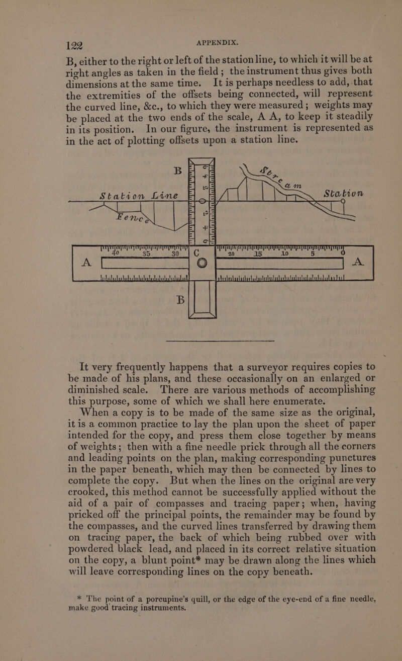 B, either to the right or left of the station line, to which it will be at right angles as taken in the field; the instrument thus gives both dimensions at the same time. It is perhaps needless to add, that the extremities of the offsets being connected, will represent the curved line, &amp;c., to which they were measured ; weights may be placed at the two ends of the scale, A A, to keep it steadily in its position. In our figure, the instrument is represented as in the act of plotting offsets upon a station line. lA % Y pai is 4 It very frequently happens that a surveyor requires copies to be made of his plans, and these occasionally on an enlarged or diminished scale. There are various methods of accomplishing this purpose, some of which we shall here enumerate. When a copy is to be made of the same size as the original, it is a common practice to lay the plan upon the sheet of paper intended for the copy, and press them close together by means of weights; then with a fine needle prick through all the corners and leading points on the plan, making corresponding punctures in the paper beneath, which may then be connected by lines to complete the copy. But when the lines on the original are very crooked, this method cannot be successfully applied without the aid of a pair of compasses and tracing paper; when, having pricked off the principal points, the remainder may be found by the compasses, and the curved lines transferred by drawing them on tracing paper, the back of which being rubbed over with powdered black lead, and placed in its correct relative situation on the copy, a blunt point* may be drawn along the lines which will leave corresponding lines on the copy beneath. * The point of a porcupine’s quill, or the edge of the eye-end of a fine needle, make good tracing instruments.