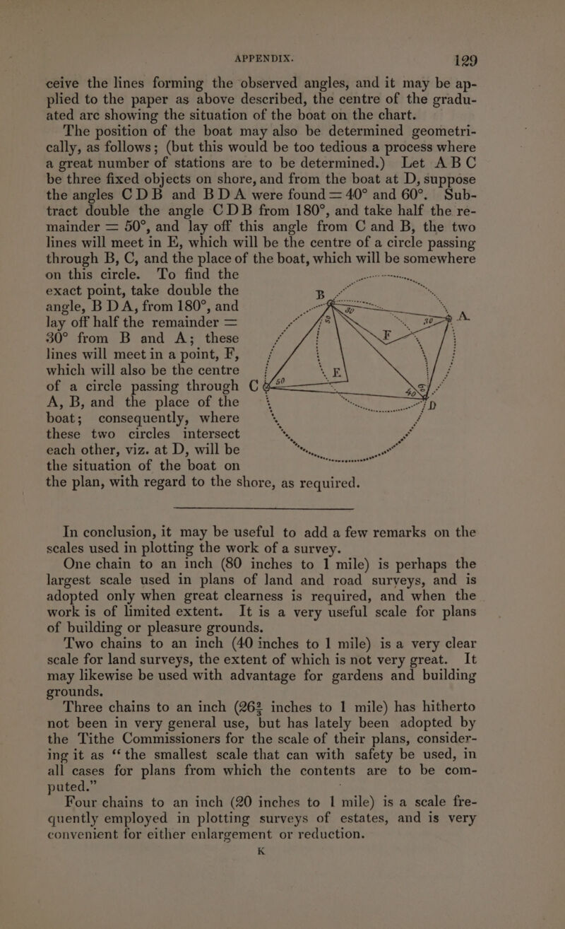 ceive the lines forming the observed angles, and it may be ap- plied to the paper as above described, the centre of the gradu- ated arc showing the situation of the boat on the chart. The position of the boat may also be determined geometri- cally, as follows; (but this would be too tedious a process where a great number of stations are to be determined.) Let ABC be three fixed objects on shore, and from the boat at D, suppose the angles CD B and BDA were found = 40° and 60°. Sub- tract double the angle CDB from 180°, and take half the re- mainder = 50°, and lay off this angle from C and B, the two lines will meet in I, which will be the centre of a circle passing through B, C, and the place of the boat, which will be somewhere on this circle. To find the exact point, take double the angle, B DA, from 180°, and lay off half the remainder = 30° from B and A; these lines will meet in a point, F, which will also be the centre of a circle passing through A, B, and the place of the boat; consequently, where these two circles intersect each other, viz. at D, will be the situation of the boat on the plan, with regard to the shore, as required. In conclusion, it may be useful to add a few remarks on the scales used in plotting the work of a survey. One chain to an inch (80 inches to 1 mile) is perhaps the largest scale used in plans of land and road surveys, and is adopted only when great clearness is required, and when the work is of limited extent. It is a very useful scale for plans of building or pleasure grounds. Two chains to an inch (40 inches to 1 mile) is a very clear scale for land surveys, the extent of which is not very great. It may likewise be used with advantage for gardens and building grounds. Three chains to an inch (262 inches to 1 mile) has hitherto not been in very general use, but has lately been adopted by the Tithe Commissioners for the scale of their plans, consider- ing it as “the smallest scale that can with safety be used, in all cases for plans from which the contents are to be com- puted.” ; Four chains to an inch (20 inches to 1 mile) is a scale fre- quently employed in plotting surveys of estates, and is very convenient for either enlargement or reduction. K