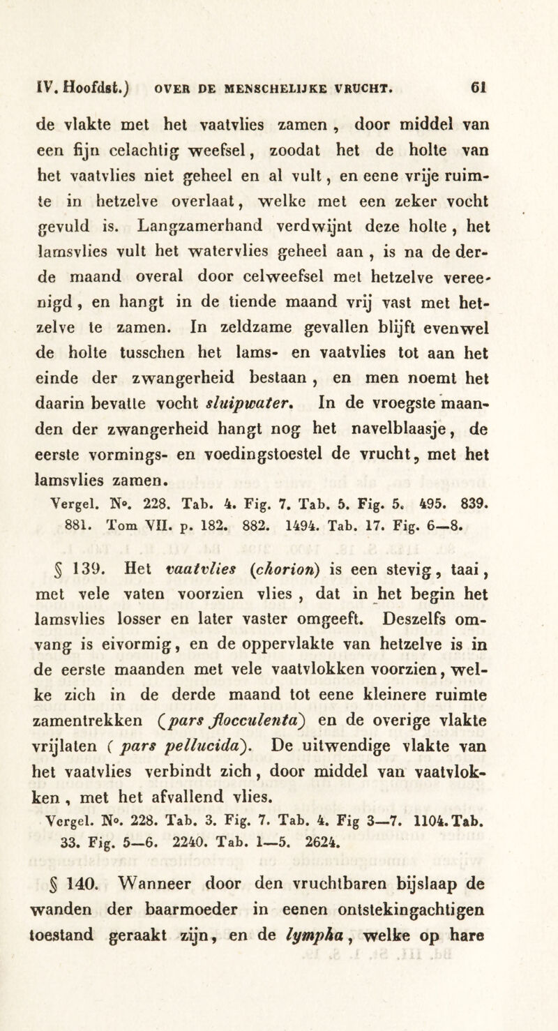 de vlakte met het vaatvlies zamen , door middel van een fijn celachlig weefsel, zoodat het de holte van het vaatvlies niet geheel en al vult, en eene vrije ruim- te in hetzelve overlaat, welke met een zeker vocht gevuld is. Langzamerhand verdwijnt deze holte , het larnsvlies vult het watervlies geheel aan , is na de der- de maand overal door celweefsel met hetzelve veree- nigd, en hangt in de tiende maand vrij vast met het- zelve te zamen. In zeldzame gevallen blijft evenwel de holte tusschen het lams- en vaatvlies tot aan het einde der zwangerheid bestaan , en men noemt het daarin bevatte vocht sluipwater. In de vroegste maan- den der zwangerheid hangt nog het navelblaasje, de eerste vormings- en voedingstoestel de vrucht, met het larnsvlies zamen. Vergel. N«. 228. Tab. 4. Fig. 7. Tab. 5. Fig. 5. 495. 839. 881. Tom YIl. p. 182. 882. 1494. Tab. 17. Fig. 6—8. § 139. Het vaatvlies {chorion) is een stevig, taai, met vele vaten voorzien vlies , dat in het begin het larnsvlies losser en later vaster omgeeft. Deszelfs om- vang is eivormig, en de oppervlakte van hetzelve is in de eerste maanden met vele vaatvlokken voorzien, wel- ke zich in de derde maand tot eene kleinere ruimte zamentrekken (^pars flocculenta) en de overige vlakte vrijlaten C p<irs pellucida'). De uitwendige vlakte van het vaatvlies verbindt zich, door middel van vaatvlok- ken , met het afvallend vlies. Vergel. No. 228. Tab. 3. Fig. 7. Tab. 4. Fig 3—7. 1104. Tab. 33. Fig. 5—6. 2240. Tab. 1—5. 2624. § 140. Wanneer door den vruchtbaren bijslaap de wanden der baarmoeder in eenen ontstekingachtigen toestand geraakt zijn, en de lympha, welke op hare