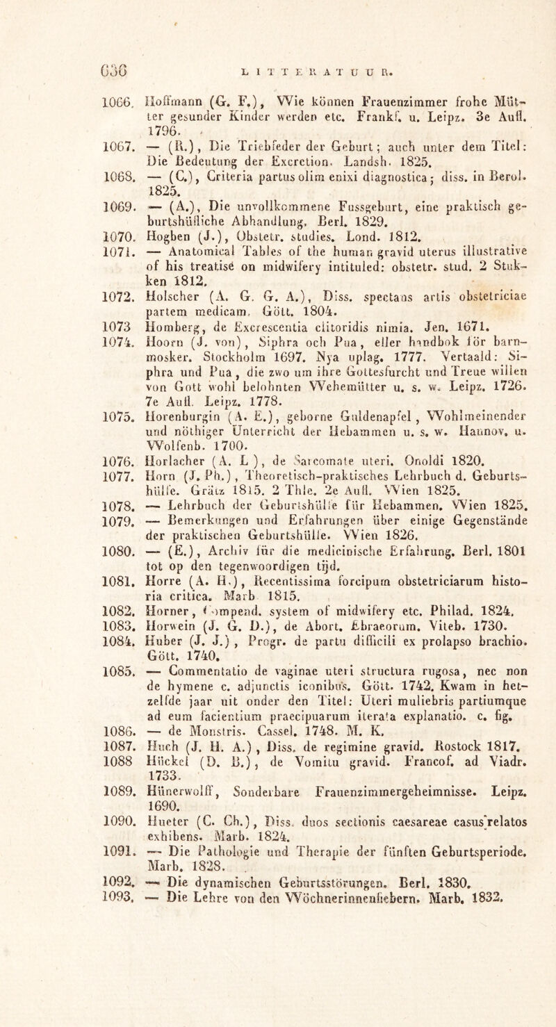 1066. iioÖ’mann (G. F,), Wie können Frauenzimmer frohe Mul^ ter gesunder Kinder werden etc. Frankf. u. Leipz. 3e Autl, 1796. - 1067. — (K.), Die Triebfeder der Geburt; auch unter dem Titel; Die Bedeutung der Excrction. Landsh. 1825. 1068. — (C.), Criteria partus olim enixi diagnostica j diss. in Berol. 1825. 1069. — (^0’ unvollkommene Fussgeburt, eine praktisch ge- burtshülliche Abhandlung, Berl. 1829. 1070. Hogben (J.), Obstetr. studies. Lond. 1812, 1071. — Anatomical Tables of the human gravid uterus illustrative of his treatisé on midwifery intituled; obstetr. stud. 2 Stuk- ken 1812. 1072. Hölscher (A. G. G. A.), Diss. spectans artis obstelriciae partcm medicam.. Gott. l804. 1073 Homberg, de Excrescentia ciitoridis nimia. Jen, 1671. 1074. Hoorn (J, von), Siphra och Pua , eher Inndbok lör barn- mosker. Stockholm 1697. Nya iiplag, 1777. Vertaald; Si- phra und Pua, die zwo um ihre Gottesfurcht und Treue willen von Gott wohl belohnten Wehemlitter u. s. v.'. Leipz, 1726. 7e Aull. Leipz. 1778. 1075. Horenburgin (A. E.), geborne Guldenapfel, Wohlmeinender und nölhiger Unterricht der Hebammen u. s. w. Hannov, u. Wolfenb. 1700. 1076. Horlacher (A. L), de Saicoinate uteri. Onoldi l820. 1077. Horn (J. Ph.), Theoretisch-praktisches Lehrbuch d. Geburts- hlilfe. Grarz I8i5. 2 Thle. 2e Aull. Wien 1825. 1078. ~ Lehrbuch der GeburtshUlle für Kebammen, Wien 1825. 1079. — Be merkungen und Erfahrungen über einige Gegenstände der praktischen Geburtshülie. Wien 1826. 1080. —“ (F.), Archiv für die medicinische Erfahrung. Berl. 1801 tot op den tegenwoordigen tijd. 1081. Horre (i\. H,), Recentisslma forcipum obstetriciarum histo- ria critica. Marb 1815. 1082. Horner, <')mpend. System of midwifery etc. Philad. 1824, 1083. Horwein (J. G. D.), de Abort. Ebraeorum, Viteb. 1730. 1084. Huber (J. J.) , Progr. de partu difficili ex prolapso brachio. Gott. l740, 1085. — Gommentatio de vaginae uteri structura rugosa, nec non de hymene c. adjunctis iconibus. Gott. 1742, Kwam in het- zelfde jaar uit onder den Titel; Uteri rauliebris partiumque ad eum läcientiura praecipuarum itera'a explanatio. c, fig, 1086. — de Monslris. Cassel, 1748. M. K. 1087. Huch (J. H. A.) , Diss. de regimine gravid, Rostock I8l7. 1088 Hückci (D. B.) , de Vomitu gravid. Francof, ad Viadr. 1733. 1089. Hünerwüiff, Sonderbare Frauenzimmergeheimnisse. Leipz. 1690. 1090. Huetcr (C. Ch.), Diss. duos sectionis caesareae casusVelatos exhibens. Marb. 1824. 1091. — Die Pathologie und Therapie der fünften Geburtsperiode. Marb. 1828. 1092. — Die dynamischen Geburtsstörungen. Berl. 1830. 1093. — Die Lehre von den Wöchnerinnenhebern. Marb, 1832.