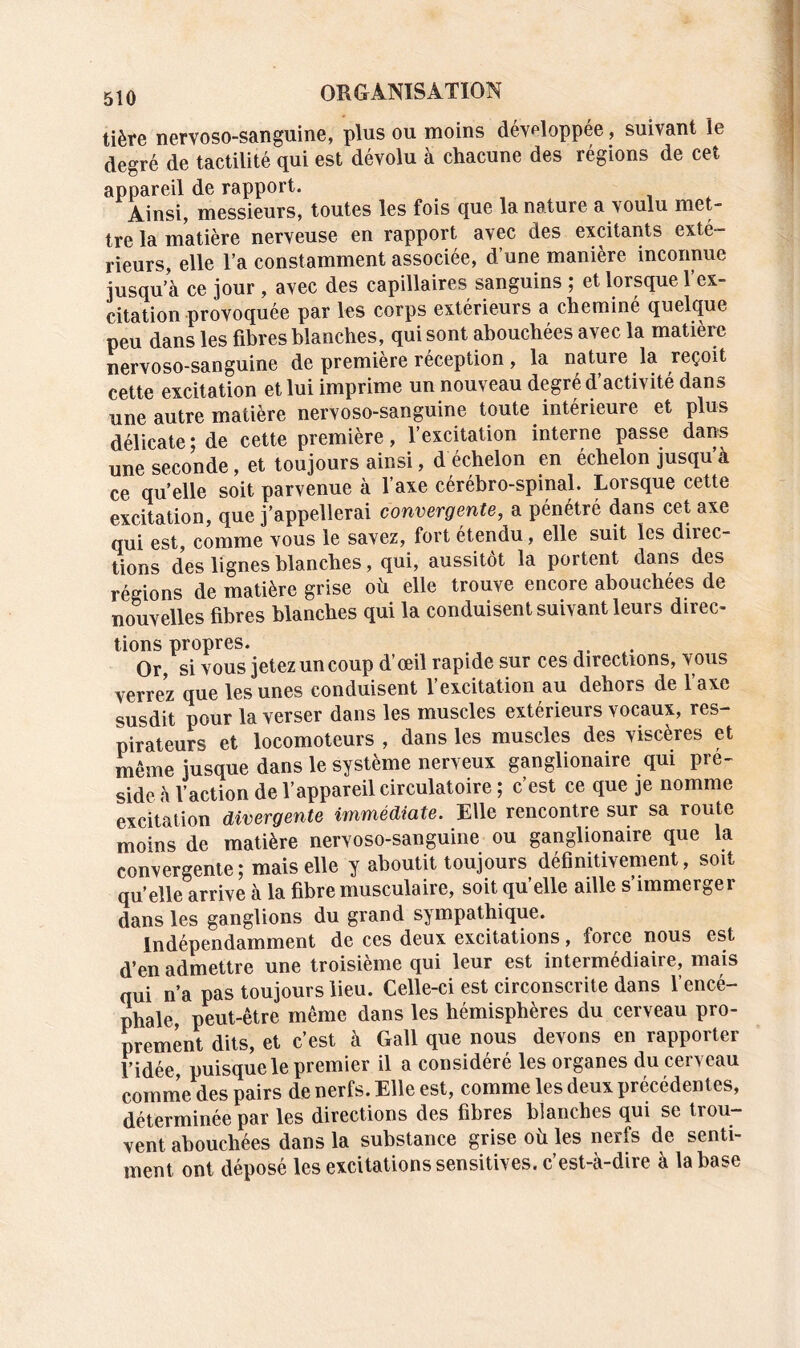 tiète nervoso-sanguine, plus ou moins développée, suivant le degré de tactilité qui est dévolu à chacune des régions de cet appareil de rapport. Ainsi, messieurs, toutes les fois que la nature a voulu met- tre la matière nerveuse en rapport avec des excitants exté- rieurs, elle l’a constamment associée, d’une manière inconnue jusqu’à ce jour , avec des capillaires sanguins ; et lorsque l’ex- citation provoquée par les corps extérieurs a cheminé quelque peu dans les fibres blanches, qui sont abouchées avec la matière nervoso-sanguine de première réception, la nature la reçoit cette excitation et lui imprime un nouveau degré d’activité dans une autre matière nervoso-sanguine toute intéiieure et plus délicate ; de cette première, l’excitation interne passe dans une seconde, et toujours ainsi, d échelon en échelon jusqu’à ce quelle soit parvenue à l’axe cérébro-spinal. Lorsque cette excitation, que j’appellerai convergente, a pénétré dans cet axe qui est, comme vous le savez, fort étendu, elle suit les direc- tions des lignes blanches, qui, aussitôt la portent dans des régions de matière grise où elle trouve encore abouchées de nouvelles fibres blanches qui la conduisent suivant leurs direc- tions propres. Or, si vous jetez un coup d’œil rapide sur ces directions, vous yerrez que les unes conduisent l’excitation au dehors de l’axe susdit pour la verser dans les muscles extérieurs vocaux, res- pirateurs et locomoteurs , dans les muscles des viscères et même jusque dans le système nerveux ganglionaire qui pré- side à l’action de l’appareil circulatoire ; c’est ce que je nomme excitation divergente immédiate. Elle rencontre sur sa route moins de matière nervoso-sanguine ou ganglionaire que la convergente; mais elle y aboutit toujours définitivement, soit qu’elle arrive à la fibre musculaire, soit quelle aille s’immerger dans les ganglions du grand sympathique. Indépendamment de ces deux excitations, force nous est d’en admettre une troisième qui leur est intermédiaire, mais qui n’a pas toujours lieu. Celle-ci est circonscrite dans l’encé- phale, peut-être même dans les hémisphères du cerveau pro- prement dits, et c’est à Gall que nous devons en rapporter l’idée, puisque le premier il a considéré les organes du cerveau comme des pairs de nerfs. Elle est, comme les deux précédentes, déterminée par les directions des fibres blanches qui se trou- vent abouchées dans la substance grise où les nerfs de senti- ment ont déposé les excitations sensitives, c’est-à-dire à la base