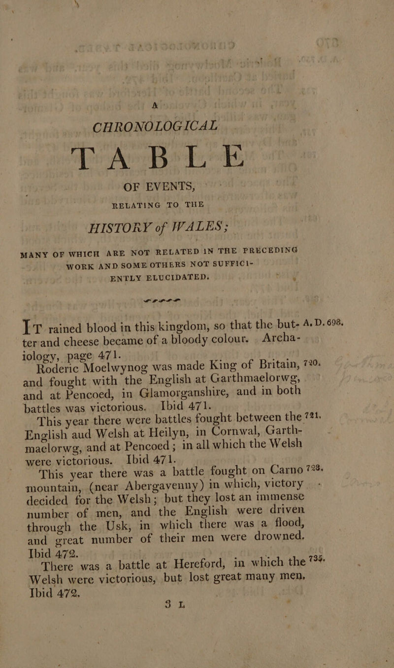 A CHRONOLOGICAL ghee oe Pegs 2 OF EVENTS, © RELATING TO THE HISTORY of WALES; MANY OF WHICH ARE NOT RELATED 1N THE PRECEDING WORK AND SOME OTHERS NOT SUFFICI- ENTLY ELUCIDATED. % LP LLL IT rained blood in this kingdom, so that the but- 4. D. 698. terand cheese became of a bloody colour. _ Archa- iology, page 471. Roderic Moelwynog was made King of Britain, 720: and fought with the English at Garthmaelorwg, and at Pencoed, in Glamorganshire, and in both battles was victorious. Ibid 471. This year there were battles fought between the 721. English aud Welsh at Heilyn, in Cornwal, Garth- maelorwg, and at Pencoed ; in all which the Welsh were victorious. Ibid 471. This year there was a battle fought on Carno 728. mountain, (near Abergavenny) in which, victory; decided. for the Welsh; but they lost an immense number of men, and the English were driven through the Usk, in which there was a flood, and great number of their men were drowned, Ibid 472. | | There was a battle at Hereford, in which the 79* Welsh were victorious, but lost great many men, Ibid 472. 3.4L