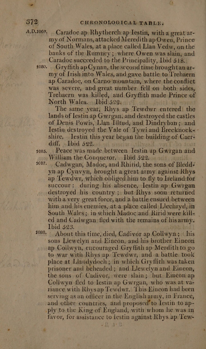 A.D.1069, 1080. 1085. Caradoc.ap Rhytherch ap Jestin, witha great ar- my of Normans, attacked Meredith ap Owen, Prince of South Wales, at a place called Llan V edw, onthe banks of the: Rumney ; ; where Owen was slaices and - Caradoc succeeded: to the Principality, Ibid 5 18. Gryffith ap Cynan, the second time broughtan ar- my of Irish into Wales, and gave battle to “Trehaern ap Caradoc, on Carno | mountain, where the conflict was severe, and great number fell on both. sides, Trehaern was killed, and Gryffith made Prince of North Wales, Ibid 529... The same year, Rhys ap Tewdwr sr tdeall the lands of lestin ap Gwrgan, and destroyed the castles of Denis. Powis, Llan Tlltud, and Dindryban ;, and Testin destroyed the Vale of Tywi and Brecknock- shire. . lestin this year began the bald g of Caer- Peace was made between oe ap Gwr gan and 1087, 1088. Cadwgan, Madoc, and Rhirid, the sons of Bledd- yn ap Cynvyn, brought-a great army against Rhys ap Tewdwr, which obliged him to fly to ) Iveland:-for succour: during his, absence, -lestin ap; Gwrgan destroyed his country ; 3) but Rhys soon returned with avery great force, and a battle ensued between him and his enemies, at,a place called Llechryd,in ed and Cadwgan. fled with the remains of his army. Ibid 523. About this time, died, Cadivor ap Collwyn; » his ap Coilwyn, encouraged Grytith ap: Merditl:to go to war with Rhys ap» Tewdwr, and:a battle took place at Llandydech ; in which Gryfith was taken prisoner and beheaded ; and Llewelyn and Eineon, the sons of Cadivor, were slain; but. Eineon ap Collwyn fled to lestin ap Gwrean, who was at va- riance with Rhysap Tewdwr. ‘This Eineon had been serving as an ofiicer in the English army, in France, and other countries, and proposed’ to lestin to ap- ply to. the King of England, with whom he was in favor, for assistance to lestin against Rhys. ap. Tew- :