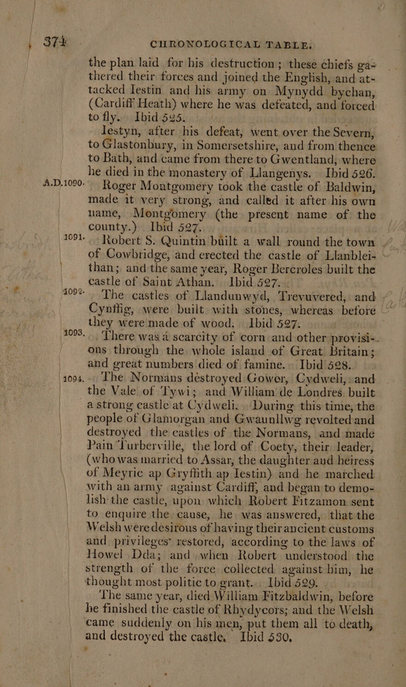 A.D.1090. 4092. 4004. CHRONOLOGICAL TABLE, the plan laid for his destruction; these chiefs ga- thered their forces and joined the Engtish, and at- tacked Iestin and his army on Mynydd. bychan, (Cardiff Heath) where he was defeated, and forced to flys Dbid Sodus) jy lestyn, after his defeat, went over the Severn, to Glastonbury, in Somersetshire, and from thence to Bath, and came from there to Gwentland, where he died in the monastery of Llangenys. Ibid 526. Roger Montgomery took the castle of Baldwin, made it very strong, and called it after his own name, Montgomery (the present name of the county.) Ibid 527... of Cowbridge, and erected the castle of Llanblei- than; and the same year, Roger Bercroles built the castle of Saint Athan. Ibid 527. . The castles of Llandunwyd, Tyevuvered, and “ Cynttig, were built with stones, whereas before they were made of wood. Ibid 597. | There was a scarcity of corn and other provisi-. ons through the whole island of Great Britain; and great numbers died of famine. Ibid 528. Lhe Normans destroyed Gower, Cydweli,: and the Vale of Tywi; and William de Londres. built a strong castle at Cydweli. During this time, the people of Glamorgan and Gwaunllwg revoltediand destroyed the castles of the Normans, and made Pain Turberville, the lord of Coety, their leader, (whowas married to Assar, the daughter aud heiress of Meyric ap Gryffith ap Iestin) and he marched with an army against Cardiff, and began to demo- lish the castle, upon which Robert Fitzamon sent: to enquire the cause, he was answered, that the Welsh were desirous of having theirancient customs and. privileges” restored, according to the laws of Howel Dda; and when Robert understood the strength of the force collected against bim, he thought most politic to grant... Ibid 529. The same year, died William Fitzbaldwin, before he finished the castle of Rhydycors; and the Welsh and destroyed the castle, Ibid 530,