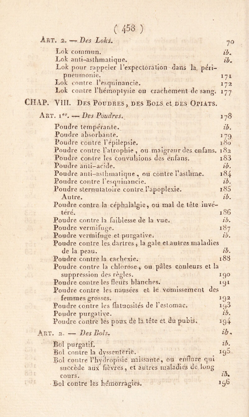 ( 453 ) Art. 2. *—? Des Loks. jo Lok commun. ib, Lok anti-asthmatique. ib, Lok pour rappeler l’expectora lion dans la, péri- pneumonie. 171 Lok contre l’esquinancié. 172 Lok contre l’hémoptysie on crachement de sang. 177 CH AP. Vilï. Des Poudres,, des Bous,et des Opiats. Art. ier. — Des Poudres. ijS Poudre tempérante. Poudre absorbante. Poud re contre l’épilepsie. Poudre contre l’atrophie, ou maigreur des, en fans, Poud re contre les convulsions des enfans. Poud re anti-acide. Poud re anti-asthmatique, ou contre l’asthme. Pondre contre l’esqninancie. Poudre sterrmtatoire contre l’apoplexie. Autre. Pondre contre la céphalalgie, ou mal de, tête invé- téré. Poudre contre la faiblesse de la vue. Poudre vermifuge. Poudre vermifuge et purgative. Poudre contre les dartres , la gale et autres maladies de la peau. Poudre contre la cachexie. Poudre contre la chlorose, ou pâles couleurs et la suppression des règles. Poudre contre les fleurs blanches. Poudre contre les nausées et le vomissement des femmes grosses. Poudre contre Ses flatuosités de l’estomac. ib. 179 180 182 183 ib. î 84 ib. i.85 ib. j 86 ib. 187 ib. ib. 188 190 191 Poud re purgative. ib. Poudre contre les poux de la tête et du pubis. 194 Art. 2, —- Des Bols, l&* Boî purgatif. lb- Boi contre la dyssentêtiè. 19^ Bol contre l’hydropisie naissante, ou endure qui succède aux fièvres, et autres maladies de, long cours. ■Bol contre les hémorragies. Jyb