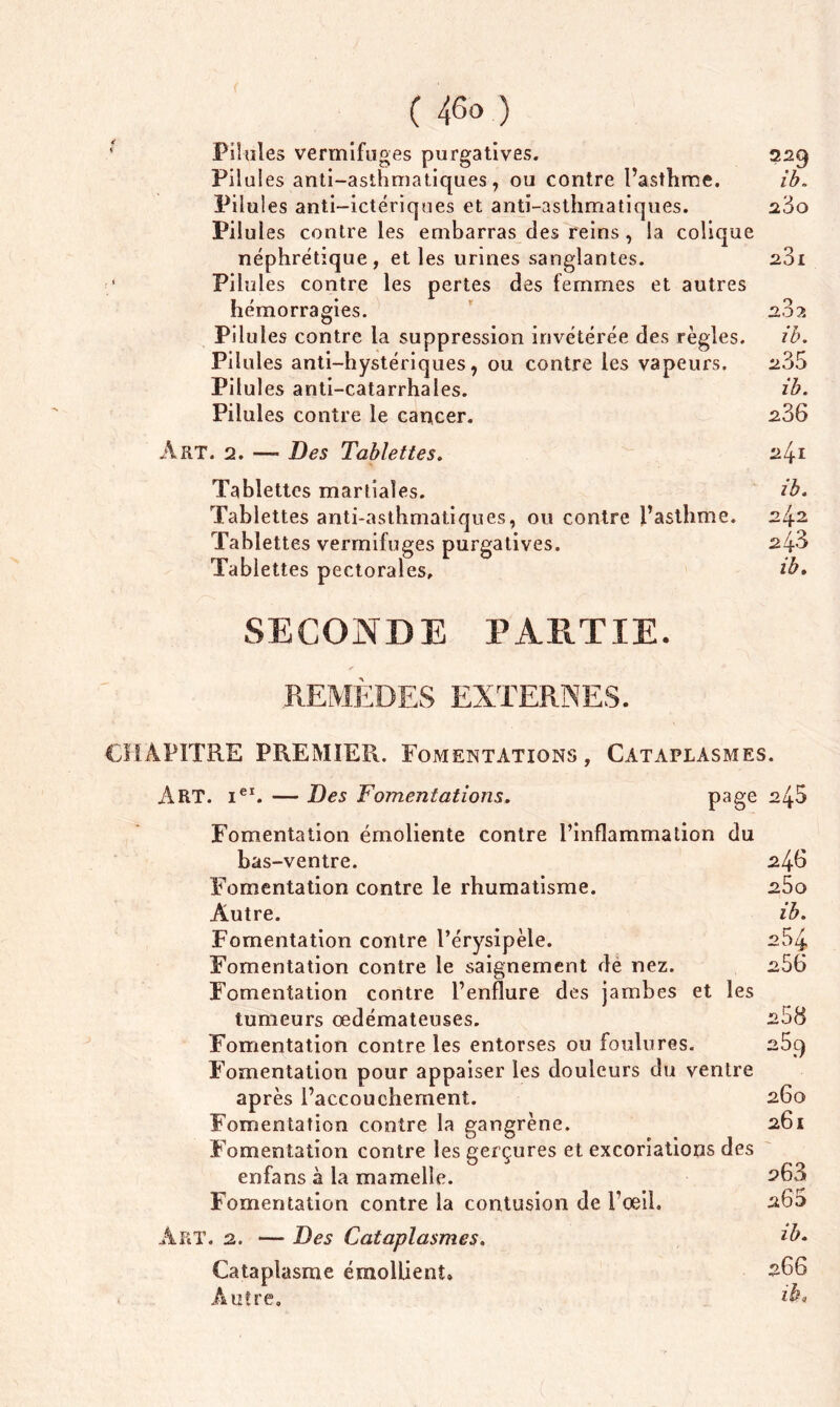 ( 46° ) Pilules vermifuges purgatives. 229 Pilules anti-asthmatiques, ou contre l’asthme. ib. Pilui es anti-ictériques et anti-asthmatiques. z'ôo Pilules contre les embarras des reins , la colique néphrétique, et les urines sanglantes. s3i Pilules contre les pertes des femmes et autres hémorragies. 2.02 Pilules contre la suppression invétérée des règles. ib. Pilules anti-hystériques, ou contre les vapeurs. 235 Pilui es anti-catarrhales. ib. Pilules contre le cancer. 236 Art. 2. — Des Tablettes. 2^1 Tablettes martiales. ib. Tablettes anti-asthmatiques, ou contre l’asthme. 242 Tablettes vermifuges purgatives. 24-3 Tablettes pectorales, ib. SECONDE PARTIE. REMÈDES EXTERNES. CHAPITRE PREMIER. Fomentations, Cataplasmes. ART. ieI. — Des Fomentations. page Fomentation émoliente contre l’inflammation du bas-ventre. 246 Fomentation contre le rhumatisme. 2Ôo Autre. ib. Fomentation contre l’érysipèle. 254 Fomentation contre le saignement de nez. 256 Fomentation contre l’enflure des jambes et les tumeurs œdémateuses. 268 Fomentation contre les entorses ou foulures. s5q Fomentation pour appaiser les douleurs du ventre après l’accouchement. 260 Fomentation contre la gangrène. 261 Fomentation contre les gerçures et excoriations des enfans à la mamelle. 268 Fomentation contre la contusion de l’oeil. 260 ÀRT. 2. — Des Cataplasmes. lb♦ Cataplasme émollient» 266 Autre.