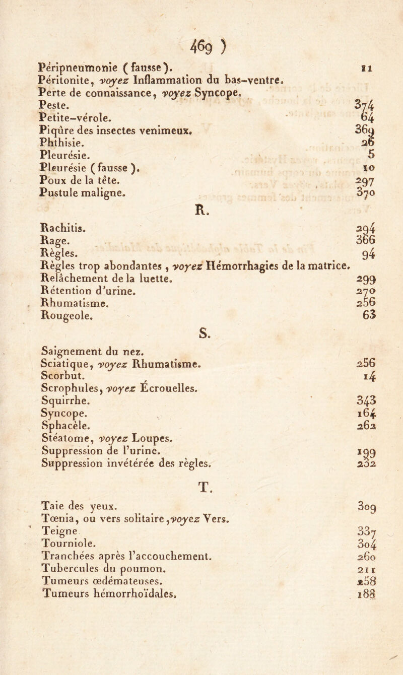4^9 ) Péripneumonie (fausse). Péritonite, voyez Inflammation du bas-ventre. Perte de connaissance, voyez Syncope» Peste. Petite-vérole. Piqûre des insectes venimeux. Phthisie. Pleurésie. Pleurésie (fausse). Poux de la tête. Pustule maligne. R. il Rachitis. Rage. Règles. Régi es trop abondantes , voyez Hémorrhagies de la matrice. Relâchement delà luette. Rétention d’urine. Rh umatisme. Rougeole. 294 3&6 94 299 270 256 63 S. Saignement du nez. Sciatique, voyez Rhumatisme. 256 Scorbut. / 14 Scrophules, voyez Écrouelles. Squirrhe. 343 Syncope. 164 Sphacèle. 262 Stéatome, voyez Loupes. Suppression de l’urine. 199 Suppression invétérée des règles. s32 T. Taie des yeux. Tœnia, ou vers solitaire,voyez Vers. Teigne Tourniole. Tranchées après l’accouchement. Tubercules du poumon. Tumeurs œdémateuses. Tumeurs hémorrhoïdales. 337 3o4 260 21 ï 258 18S