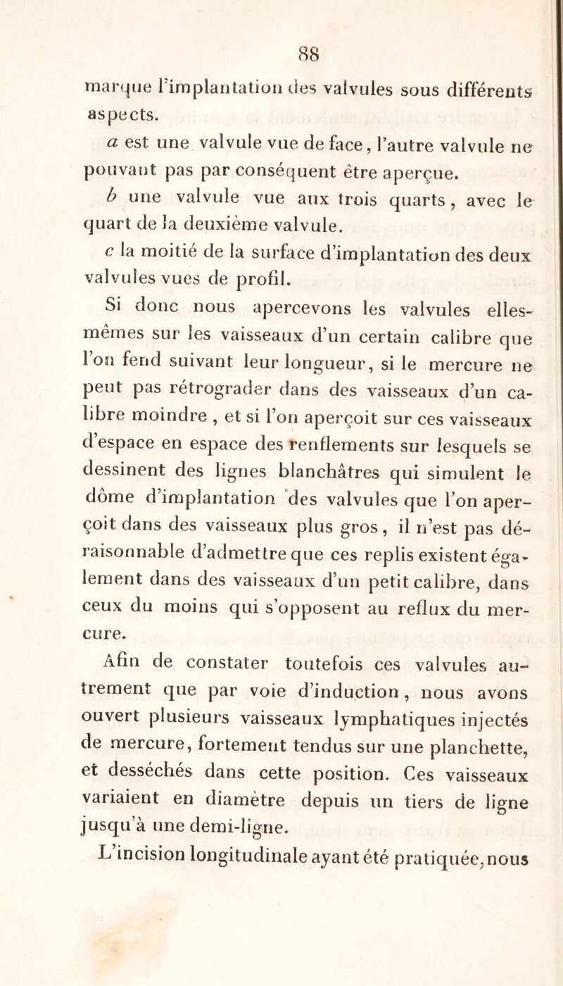 marque l'implantation des valvules sous différents aspects. a est une valvule vue de face, l’autre valvule ne pouvant pas par conséquent être aperçue. b une valvule vue aux trois quarts , avec le quart de la deuxième valvule. c moitié de la surface d’implantation des deux valvules vues de profil. Si donc nous apercevons les valvules elles- memes sur les vaisseaux d'un certain calibre que l’on fend suivant leur longueur, si le mercure ne peut pas rétrograder dans des vaisseaux d’un ca- libre moindre , et si l’on aperçoit sur ces vaisseaux d’espace en espace des renflements sur lesquels se dessinent des lignes blanchâtres qui simulent le dôme d’implantation des valvules que l’on aper- çoit dans des vaisseaux plus gros, il n’est pas dé- raisonnable d’admettre que ces replis existent éga- lement dans des vaisseaux d’un petit calibre, dans ceux du moins qui s’opposent au reflux du mer- cure. Afin de constater toutefois ces valvules au- trement que par voie d’induction, nous avons ouvert plusieurs vaisseaux lymphatiques injectés de mercure, fortement tendus sur une planchette, et desséchés dans cette position. Ces vaisseaux variaient en diamètre depuis un tiers de ligne jusqu’à une demi-ligne. L incision longitudinale ayant été pratiquée, nous