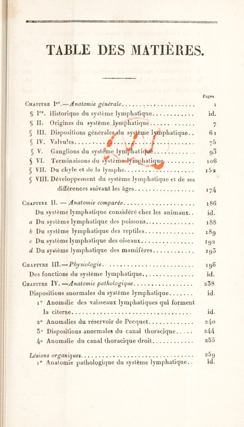 TABLE DES MATIÈRES. Page* Chapitre Ier.—Anatomie générale i § Ier. Historique du système lymphatique id. § II. Origines du système lymphatique 7 § III. Dispositions générales^!u sy^èi^ie lymphatique. . 61 § IV. Valvules . .. m. .. ». A t 7.5 § V. Ganglions du système lymphaticfw- . 90 § VL Terminaisons du syDèmeJÿm^ialinu^ 106 § VII. Du chyle et de la lymphe.. - i5ü § VIII. Développement du système lymphatique et de ses différences suivant les âges. 174 Chapitre IL -— Anatomie comparée » 186 Du système lymphatique considéré chez les animaux.. id. a Du système lymphatique des poissons 188 b Du système lymphatique des reptiles 189 c Du système lymphatique des oiseaux 192 d Du système lymphatique des mamifères iq3 Chapitre III. — Physiologie *98 Des fonctions du système lymphatique. id. Chapitre IV. —Anatomie pathologique 238 Dispositions anormales du système lymphatique id. i° Anomalie des vaisseaux lymphatiques qui forment la citerne , id. 20 Anomalies du réservoir de Pecquet 240 3° Dispositions anormales du canal thoracique. .... 244 4° Anomalie du canal thoracique droit 255 Lésions organiques i° Anatomie pathologique du système lymphatique.. 259 id.