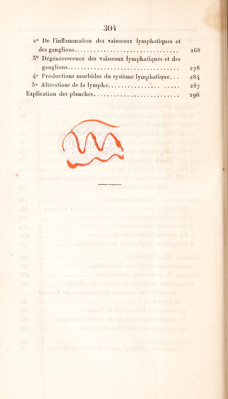 2° De l’inflammation des vaisseaux lymphatiques et des ganglions 268 3° Dégénérescence des vaisseaux lymphatiques et des ganglions 278 4° Productions morbides du système lymphatique.. . 284 5° Altérations de la lymphe 287 Explication des planches 296