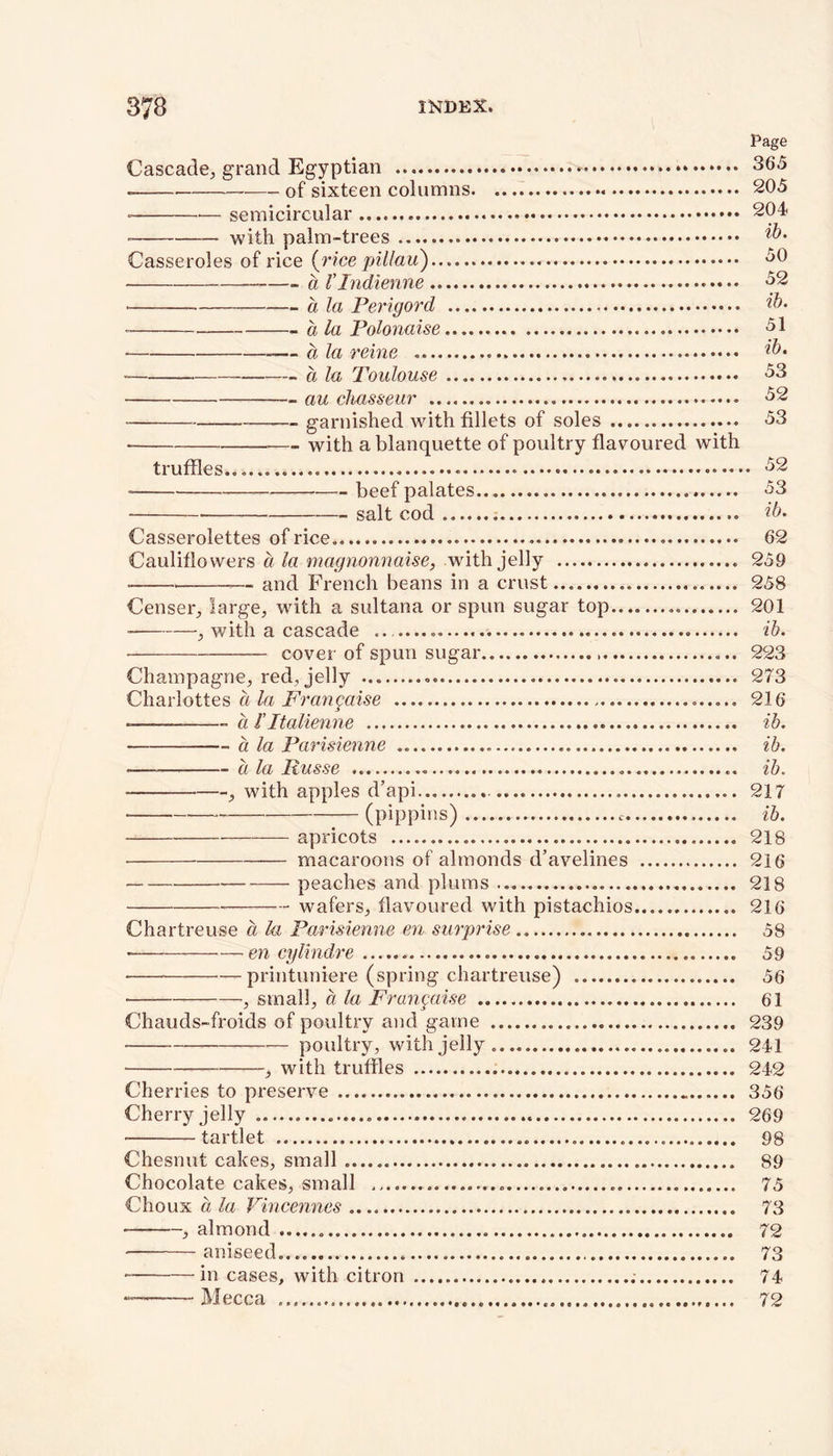 Page Cascade, grand Egyptian 365 of sixteen columns 205 • — semicircular 204 with palm-trees ?'5. Casseroles of rice {rice pillau) 50 a rindienne 52 •— a la Perigord ib. • a la Polonaise 51 • alareine . . ib- — a la Toulouse ... 53 au chasseur 52 • — garnished with fillets of soles 53 with a blanquette of poultry flavoured with truffles........... 52 beef palates 53 salt cod ib. Casserolettes of rice. . 62 Cauliflowers a la magnonnaise, with jelly 259 • and French beans in a crust 258 Censer, large, with a sultana or spun sugar top......... 201 with a cascade ib. ■ cover of spun sugar 223 Champagne, red, jelly 273 Charlottes a la Frangaise 216 ——- a lItalienne ib. - a la Parisienne .. — ib. — a la Itusse ib. , with apples d’api 217 (pippins) ib. apricots 218 macaroons of almonds d’avelines 216 peaches and plums 218 wafers, flavoured with pistachios 216 Chartreuse a la Parisienne en surprise 58 en cylindre 59 printuniere (spring chartreuse) 56 , small, a la Frangaise 61 Chauds-froids of poultry and game 239 poultry, with jelly. 241 , with truffles 242 Cherries to preserve 356 Cherry jelly 269 tartlet 98 Chesnut cakes, small 89 Chocolate cakes, small 75 Choux a la Vincennes 73 , almond 72 aniseed.... 73 in cases, with citron 74 —Mecca 72