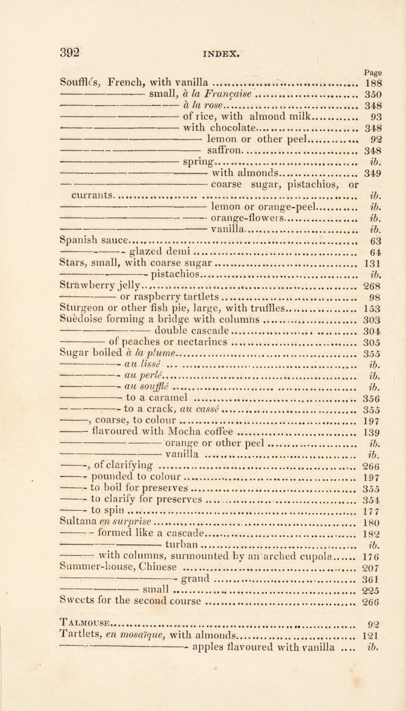 Page Souffles, French, with vanilla .. 188 small, a la Frangaise 350 • a la rose . 348 of lice, with almond milk 93 with chocolate 348 lemon or other peel 92 saffron 348 spring-. ib. ——. with almonds 349 coarse sugar, pistachios, or currants ib. lemon or orange-peel ib. — orange-flowers ib. vanilla ib. Spanish sauce 63 glazed demi 64 Stars, small, with coarse sugar 131 pistachios ib. Strawberry jelly . 268 ■ or raspberry tartlets 98 Sturgeon or other fish pie, large, with truffles 153 Suedoise forming a bridge with columns 303 double cascade 304 of peaches or nectarines 305 Sugar boiled a la plume 355 au lisse .. ib. auperle.. ib. au souffle ib. to a caramel 356 _ to a crack, an casse 355 , coarse, to colour 197 flavoured with Mocha coffee 139 orange or other peel ib. vanilla ib. , of clarifying 266 pounded to colour 197 to boil for preserves 355 to clarify for preserves 354 • to spin 177 Sul tan a en surprise 180 ■ formed like a cascade 182 turban ib. with columns, surmounted by an arched cupola 176 Summer-house, Chinese 207 grand 361 small 225 Sweets for the second course 266 Talmouse 92 Tartlets, en mosa'ique, with almonds 121 apples flavoured with vanilla .... ib.