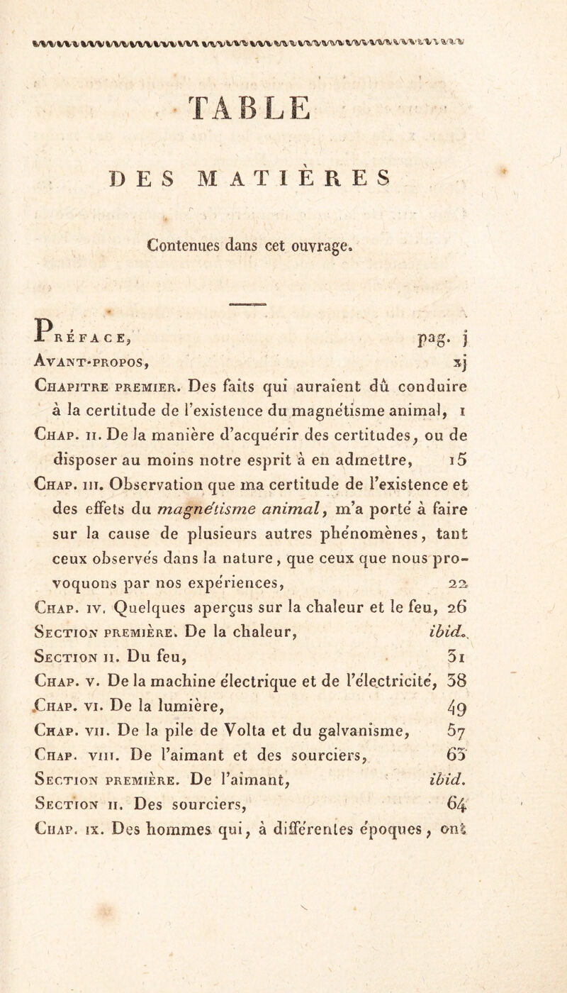 t > 1 .TABLE ■ DES MATIÈRES Contenues dans cet ouvrage. P JT RE FA C Ej pag. J Avant*propos, Sj Chapitre premier. Des faits qui auraient du conduire à la certitude de l’existence du magnétisme animal, i Chap. II. De la manière d’acquérir des certitudes, ou de disposer au moins notre esprit à en admettre, i5 Chap. ni. Observation que ma certitude de l’existence et des effets du magnétisme animalf m’a porte' à faire sur la cause de plusieurs autres pbe'nomènes, tant ceux observe's dans la nature, que ceux que nous pro- voquons par nos expériences, 23 Chap. iv. Quelques aperçus sur la chaleur et le feu, 26 Section première. De la chaleur, ibid^. Section ii. Du feu, 5i Chap. v. De la machine électrique et de l’électricité, 58 jChap. VI. De la lumière, 49 Chap. vu. De la pile de Volta et du galvanisme, 67 Chap. viit. De l’aimant et des sourciers, 65 Section première. De l’aimant, ihid. Section ii. Des sourciers, 64 Chap. ix. Des hommes qui, à différentes époques, ont