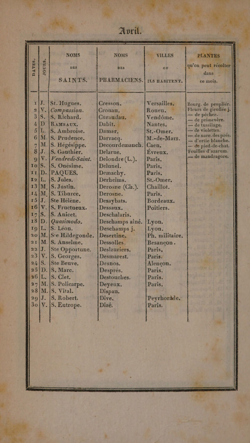 St. Hugues. Compassion. S. Richard, RAMEAUX. S. Ambroise. S. Gauthier. Vendredi-Saint. S. Onésime, PAQUES. S. Jules. S. Tibarce. Ste Hélène. S. Fructueux. S. Anicet. Quasimodo. S. Léon. S'e Hildegonde. S. Anselme. Ste Opportune. S. Georges. Ste Beuve. S. Marc. S. Clet. S. Robert, S. Eutrope. NOMS DES ru soir din. de. CRMNSEAS Cresson, Crouau. Curaudau. Dabit. : Damar. Darracq. Decourdemanch., Delarue. Delondre (L.). Pelunel. Demachy. Derheims. Derosne (Ch.). Derosne. Desaybats. Dessaux. Deschalaris. Deschamps aïiné. Deschamps j. Desertine. Dessolles. Deslauriers, Desmarest. Desnos. Després. Destoucles. Deyeux. Dispan. Dive. Dizé. pas VILLES ou Versailles. Rouen. Vendôme. Nantes. St.-Omer. M.-de-Mars. Caen. Évreux. Paris. Paris. Paris. St.-Omer. Chaillot. Paris. Bordeaux. Poitiers. Lyon. Lyon. Ph. militaire. Besancon. Paris. Paris: Alencon. Paris. Paris. Paris. Peyrhoräde. Paris. qu’on peut récolter dans F Bourg. de people: Fleurs de giroflée j. — de pêcher. — de primevère. — de tussilage. — de violettes. — de narc.des prés. — d’ortie blanche, — de pied-de-chat. Feuilles d’azarum. — de mandragore.