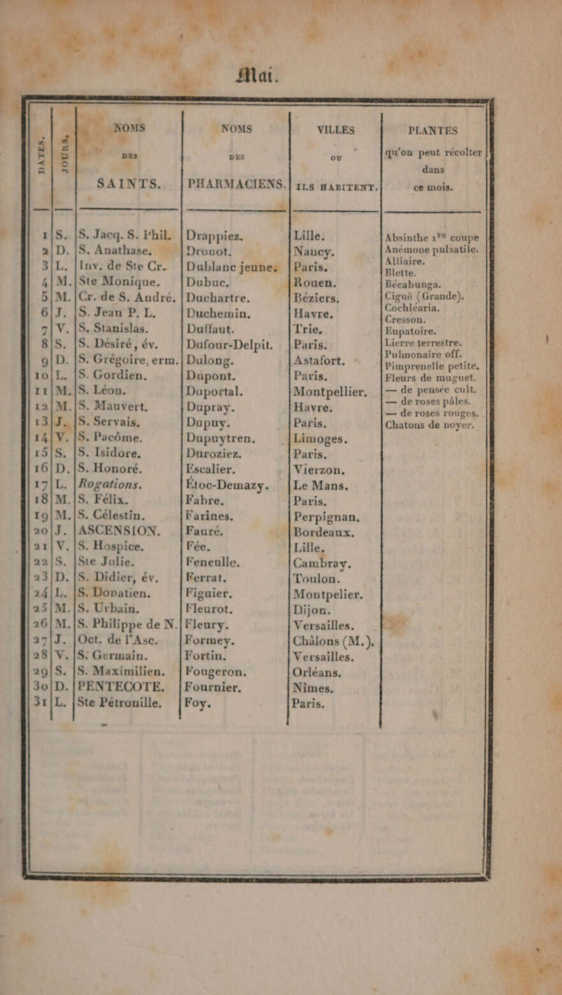 ee — S. |S. Jacq.S. Phil. . [S. Anathase, Inv, de Ste Cr. .|Ste Monique. .[Cr. de S. André, S. Jean P, L, S, Stanislas. S. Désiré, év. . Grégoire, erm. . Gordien, . Léon. . Mauvert, 1317. [S. Servais. 14|/V. |S. Pacôme. 1515. !S. Isidore, 16|/D.1S. Honoré. 17|L. |Rogations. 18|M.IS. Félix, 19|M./S. Célestin. 20|J. |ASCENSION. 21|V.|S. Hospice. 221S. |Ste Julie. 23|D. |S. Didier, év. 241L. |S. Donatien. 25|M.1/S. Urbain. 26|M./S. Philippe de N. 2713. |Oct. de l'Asc. 28|V.|S: Germain. 291S. |S. Maximilien. 30|D. |/PENTECOTE. 31|L. {Ste Pétronille. Es MS | APR 12 | 1 an na x Mai. _ NOMS DES Drappiez. Drouot. Dublanc jeunes Dubuc. Duchartre. Duchemin. Duffaut. Dafour-Delpit. Dulong. Dapont. Daportal. Dupray. Dupuy. Dupuytren. Duroziez. Escalier, Étoc-Demazy. Fabre, Farines. Fauré. Fée. Feneulle, Ferrat. Figuier. Fleurot. Fleury. Formey. Fortin. Fougeron. Fournier. Foy. VILLES ov Lille. Nancy. Paris. F Béziers, Havre, Trie. Paris. ÂAstafort. Paris. Montpellier. Havre, Paris, Paris. Vierzon. Le Mans. Paris. Perpignan, Bordeaux. Lille. Cambray. Toulon. Montpelier. Dijon. Versailles. Versailles. Orléans. Nimes, Paris. PLANTES u’on peut récolter q peut dans Absinthe 1° coupe Anémone pulsatile. Alliaire. s Blette. Bécabunga. Ciguë (Grande). Cochléaria. Cresson. Eupatoire. Lierre terrestre. l Pulmonaire off. 4 Pimprenelle petite, Fleurs de muguet, — de pensée eult, — de roses pâles. — de roses rouges, , Chatons de noyer.