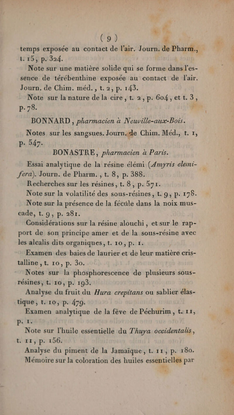 + y (9) temps exposée au contact de l'air. Journ. de Pharm., L. 15, p. 324. Note sur une matière solide qui se forme dans l’es- sence de térébenthine exposée au contact de l'air. p.78. BONNARD , pharmacien a Neuville-aux-Bois. Notes sur les sangsues. Journ.#e Chim. Méd., t. 1, p-+ 547. BONASTRE, pharmacien a Paris. Essai analytique de la résine élémi (Amyris eleini- Recherches sur les résines, t. 8, p. 571. Note sur la présence de la fécuüle dans la noix mus- cade, t.9, p. 28r. Considérations sur la résine alouchi, et sur le rap- port de son principe amer et de la sous-résine avec les alcalis dits organiques, t. 10, p. 1. Examen des baies de laurier et de leur matière cris- talline ,t. 10, p. 30. Notes sur la phosphorescence de plusieurs sous- résines, t. 10, P. 193. Analyse du fruit du Hura crepitans ou sablier élas- tique , t. 10, p. 479. Examen analytique de la fève de Péchurim, t. 11, p- 1. Note sur l'huile essentielle du Thuya occidentalis, t. 11, p. 196. Analyse du piment de la Jamaïque, t. 11, p. 180. Mémoire sur la coloration des huiles essentielles par #: 4