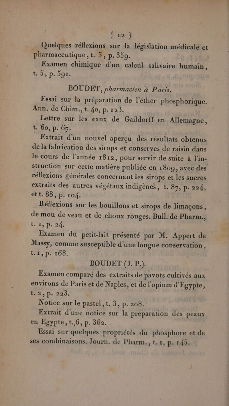 Quelques réflexions sur la législation médicale et pharmaceutique PRE D. 350. | Examen chimique d’un calcul salivaire humain, 9; p. DOr. BOUDET, pharmacien à Paris. Essai sur la préparation de l'éther phosphorique. Ann. de Chim., t. 40, P- 128. Lettre sur les eaux de Gaildorff en Allemagne, t. 60, p. 67. Extrait d'un nouvel apercu des résultats obtenus de la fabrication des sirops et conserves de raisin dans le cours de l’année 1812, pour servir de suite à l’in- struction sur cette matière publiée en 1809, avec des réflexions générales concernant les sirops et les sucres extraits des autres végétaux indigènes, t. 87, p. 224, ett. 88, p. 104. | Réflexions sur les bouillons et sirops de limacons, de mou de veau et de choux rouges. Bull. de Pharm., t. I, p. 24. Examen du petit-lait présenté par M. Appert de Massy, comme susceptible d'une longue conservation, t.1,p. 168. BOUDET (J. P.). Examen comparé des extraits de pavots cultivés aux environs de Paris et de Naples, et de l'opium d'Egypte, (2, p. 225. Notice sur le pastel, t. 3, p. 208. Extrait d’une notice sur la préparation des peaux en Egypte, t.6, p. 362. Essai sur quelques propriétés du phosphore et de ses combinaisons. Journ. de Pharm., t. 1, p. 145.