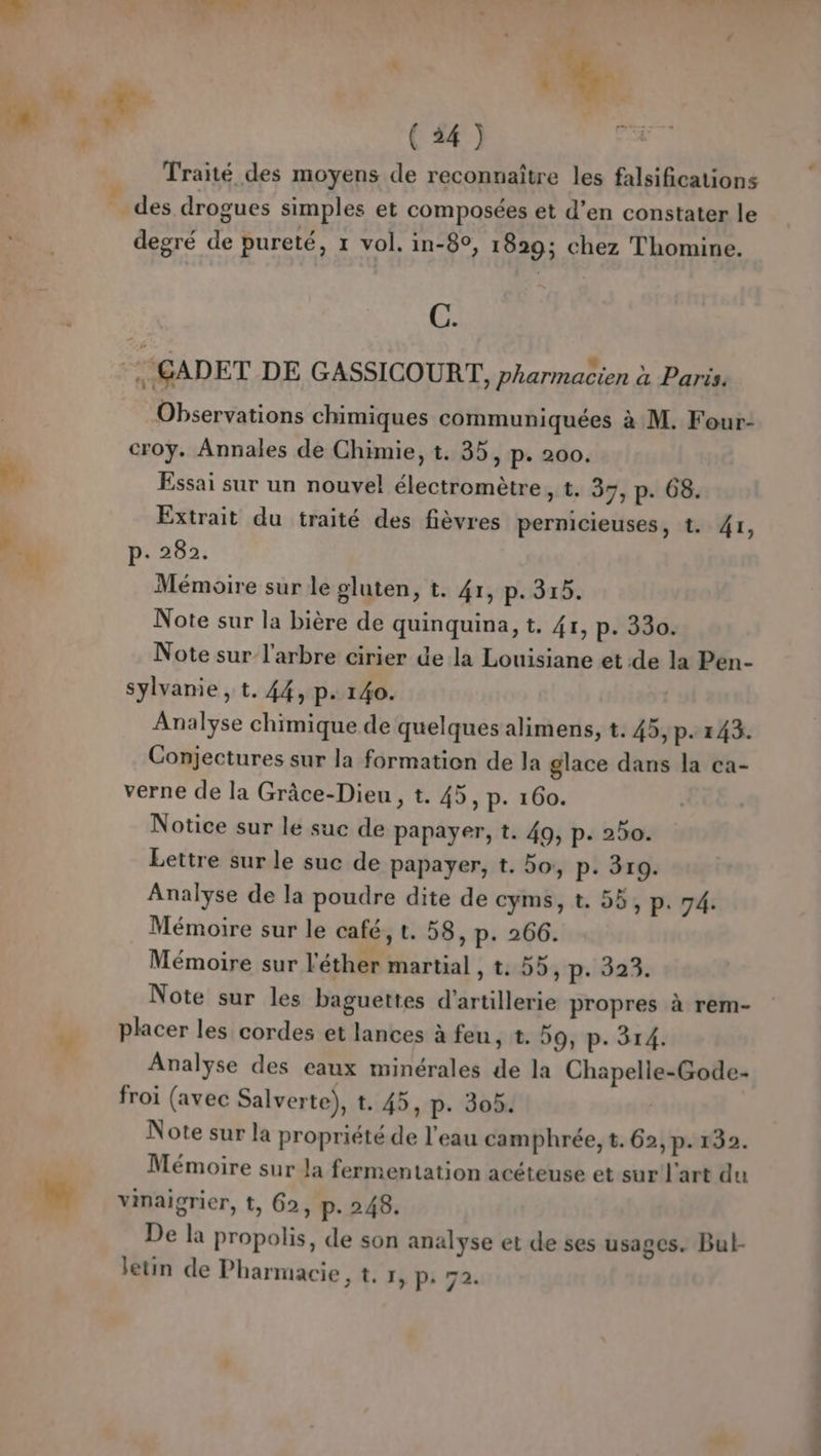 | } + S ‘ ‘ %- k a (44) D Traité des moyens de reconnaître les falsifications ” r k » - - des drogues simples et composées et d’en constater le degré de pureté, 1 vol. in-8°, 1829; chez Thomine. C. CADET DE GASSICOURT, pharmacien a Paris. Observations chimiques communiquées à M. Four- croy. Annales de Chimie, t. 35, p. 200. Essai sur un nouvel électromètre, t. 37, p. 08. Extrait du traité des fièvres pernicieuses, t. 41, p: 282. Mémoire sur le gluten, t. 41, p.315. Note sur la bière de quinquina, t, 4r, p. 330. Note sur l'arbre cirier de la Louisiane et de la Pen- sylvanie , t. 44, p. 140. Analyse chimique de quelques alimens, t. 45,p. 143. Conjectures sur la formation de la glace dans la ca- verne de la Grâce-Dieu, t. 45, p. 160. Notice sur le suc de papayer, t. 49, p. 250. Lettre sur le suc de papayer, t. 50, p. 319. Analyse de la poudre dite de cyms, t. 55, P. 74. Mémoire sur le café, t. 58, p. 266. Mémoire sur l'éther martial , tubb3 p.823: Note sur les baguettes d'artillerie propres à rem- phcer les cordes et lances à feu, t. 59, p. 314. Analyse des eaux minérales de la Chapelle-Gode- froi (avec Salverte), t. 45, p. 305. Note sur la propriété de l’eau camphrée, t.62, p.132. Mémoire sur la fermentation acéteuse et sur l'art du vinaigrier, t, 62, p. 248. De la propolis, de son analyse et de ses usages. Bul-