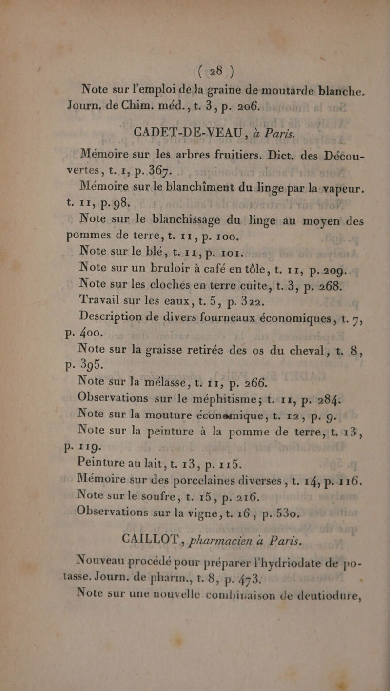 Note sur l'emploi de Ja graine demoutarde blanche. Journ, de Chim, méd., t. 3, p. 206. CADET-DE-VEAU, à Paris. | Mémoire sur les arbres fruitiers. Dict. des Décou- vertes, t..1, p.367. Mémoire sur le blanchiment du linge par la vapeur. t. 11, p.98. | | Note sur le blanchissage du linge au moyen des pommes de terre, t. 11, p. 100. Note sur le blé, t.11,p. 101. Note sur un bruloir à café en tôle, t. 11, p.209. Note sur les cloches en ierre cuite, t.3, p. 268: Travail sur les eaux, t.5, p. 322. Description de “NPA dei LE économiques, t. 7, p. 400. Note sur la graisse retirée des os du cheval, t. 8, p. 395. Note sur la mélasse, t: 11, p. 266. Observations sur le méphitisme; t. 17, p. 284. Note sur la mouture éconsmique, t. 12, p. 9. Note sur la peinture à la pomme de terre, t. 13, P. 110. Peinture au lait, t. 13, p. 115. Mémoire sur des porcelaines diverses , t. 14, p- 116, Note sur le soufre, t. 15, p. 216. Observations sur la vigne, t. 16, p.530. CAILLOT, pharmacien a Paris. Nouveau procédé pour préparer l'hydriodate de po- tasse. Journ. de pharm., t. 8, p. 473. | Note sur une nouvelle combiraison de deutiodure, nn