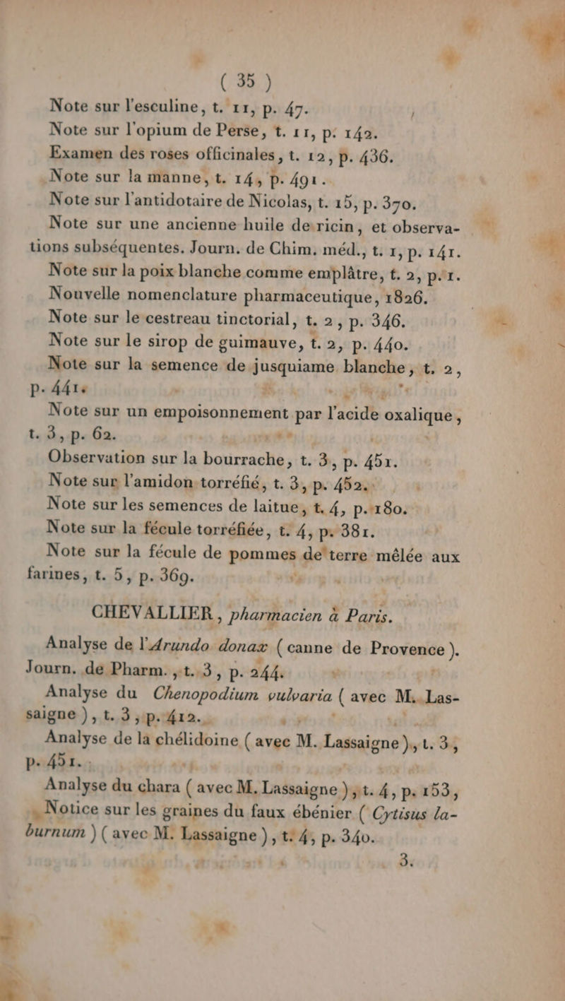 Note sur l'esculine, t. 11, p. 47. Note sur l'opium de Perse, t. 11, p: 142. Examen des roses officinales, t. 12, p. 436. Note sur la manne, t. 14, p. 491. Note sur l'antidotaire de Nicolas, t. 15, p. 370. tions subséquentes. Journ. de Chim. méd., t. 1, P. 141. Note sur la poix blanche comme bhiire t.2, par. Nouvelle nomenclature pharmaceutique, 1826. Note sur le cestreau tinctorial, t.2,p. 346. Note sur le sirop de guimauve, t. 2, p. 440. Note sur la semence de er? ‘blanche, t. 2, pe. dé | Re 4e it Note sur un empoisonnement par l'acide oxalique . td » P- 62. NL ram 4 sur la bourrache, t. 3, p. fa. Note sur l'amidon:-torréfié, t. 3, p. 452. Note sur les semences de laitue, t, 4, p.180. Note sur la fécule torréfiée, t. 4, p 381. Note sur la fécule de pommes de*terre mêlée aux farines, t. 5, p. 360. CHEVALLIE R, pharmacien à Paris. Analyse de l’Arundo donax (canne de PR Journ. de Pharm. ,t..3, p. 244. F | Analyse du Chenopodium Pleure à avec M. Las- saigne ), t. 3 ,p. 412. Analyse de la chélidoine Caes M. Lasaige oi ts Dé p.451. : Analyse du “trtis ( sec D baigne. }gt: n p« 153, . Notice sur les graines du faux ébénier ( Crtisus Le burnum ) (avec M: rer L j dé p. 340. 3.